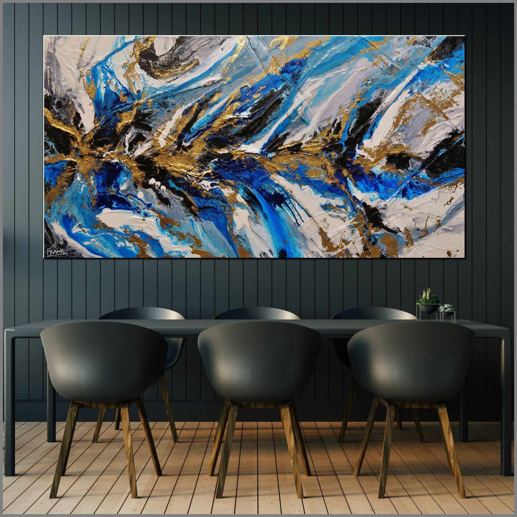 Golden Blue Silk 190cm x 100cm Blue Gold Grey Textured Abstract Painting (SOLD)-Abstract-Franko-[huge]-[Australian]-[best Selling]-Franklin Art Studio