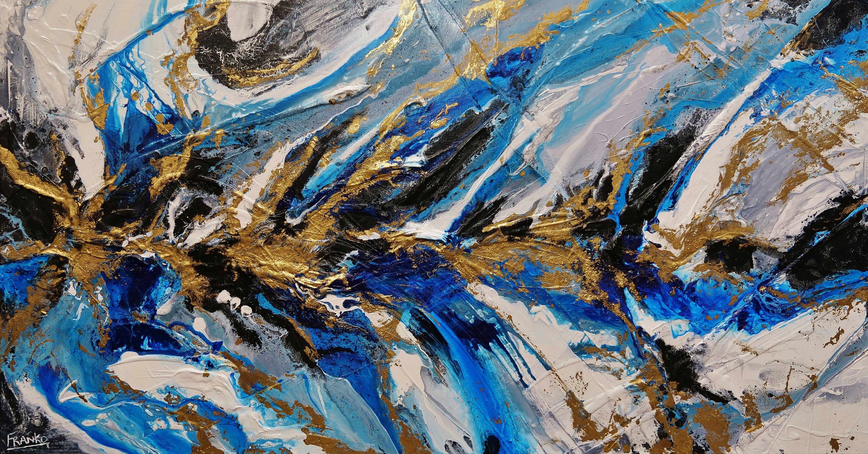 Golden Blue Silk 190cm x 100cm Blue Gold Grey Textured Abstract Painting (SOLD)-Abstract-[Franko ]-[Gallery]-[popular]-[Australia]-Franklin Art Studio