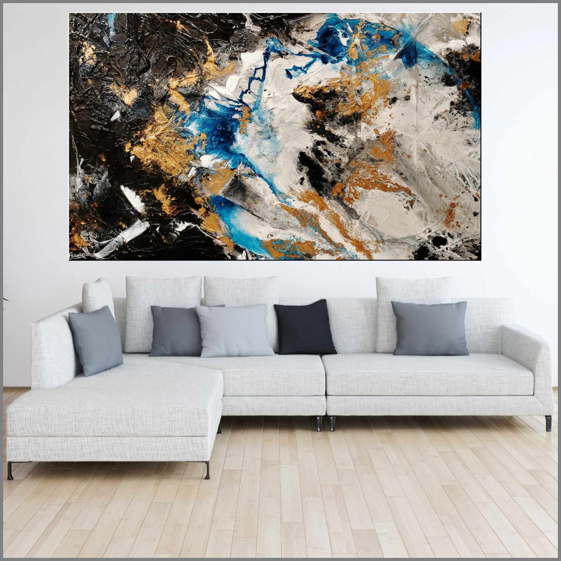 Golden Cobalt 250cm x 150cm Blue Black Grey Gold Textured Abstract Painting (SOLD)-Abstract-Franko-[Franko]-[huge_art]-[Australia]-Franklin Art Studio