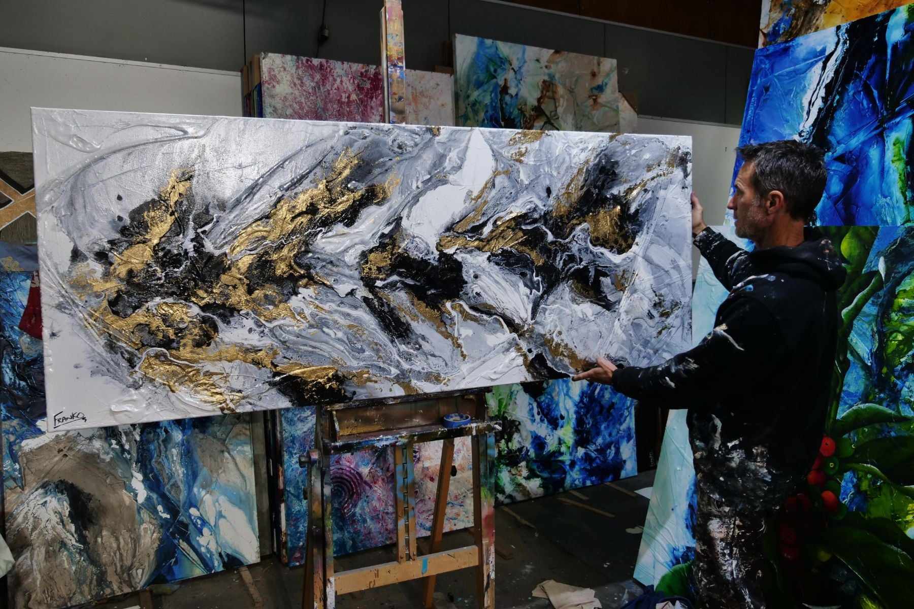 Golden Crunch 200cm x 80cm Grey Gold Textured Abstract Painting (SOLD)-Abstract-[Franko Artist]-[Gold Coast]-[Brisbane]-[Huge]-Franklin Art Studio