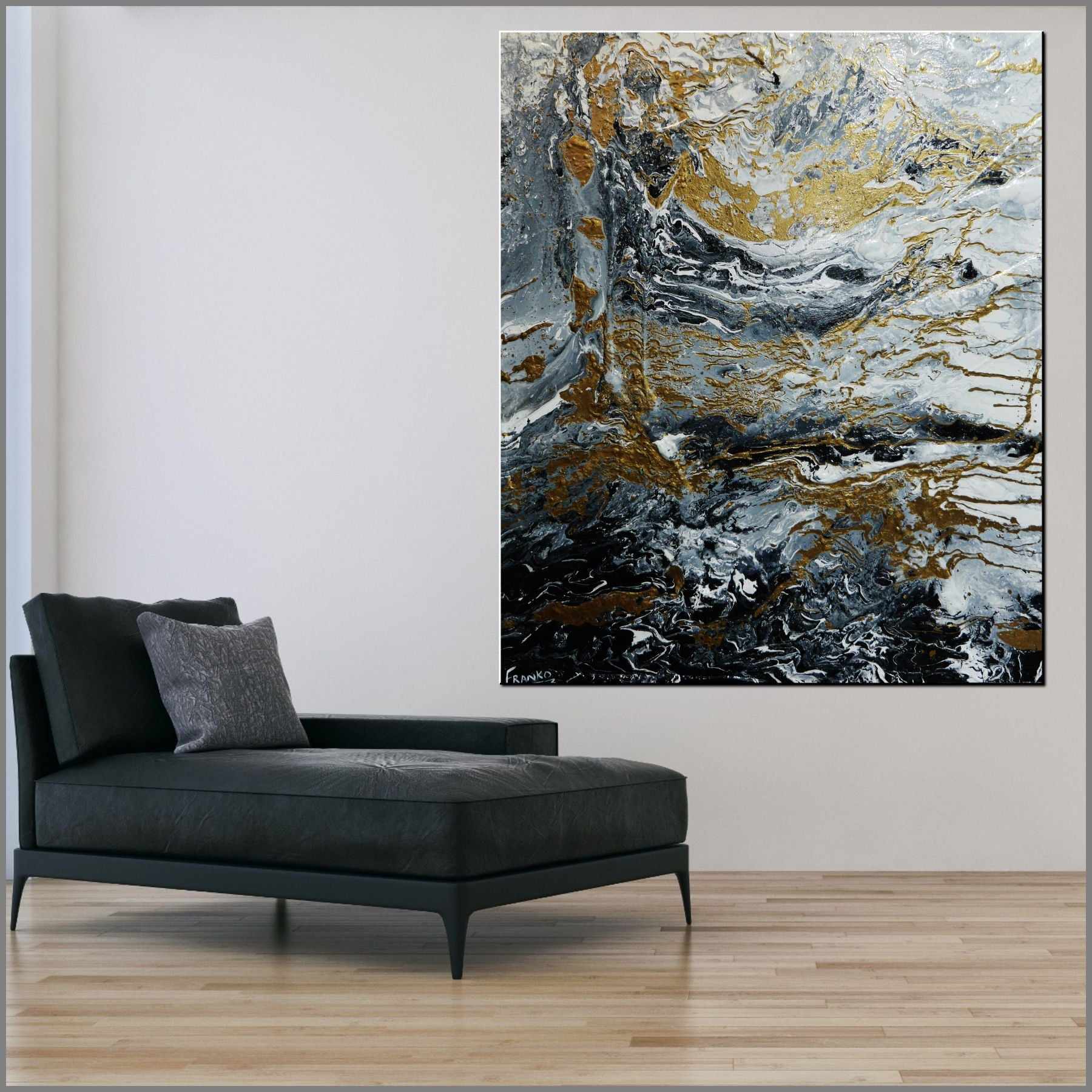 Golden Interlude 120cm x 100cm Grey Black Gold Textured Abstract Painting (SOLD)-Abstract-Franko-[Franko]-[huge_art]-[Australia]-Franklin Art Studio