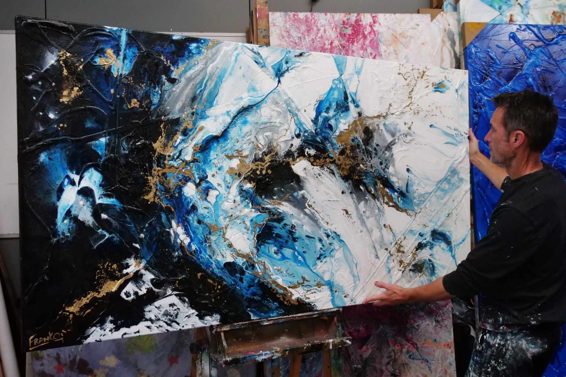 Golden Midnight 190cm x 100cm Gold Blue Black Textured Abstract Painting (SOLD)-Abstract-[Franko Artist]-[Gold Coast]-[Brisbane]-[Huge]-Franklin Art Studio