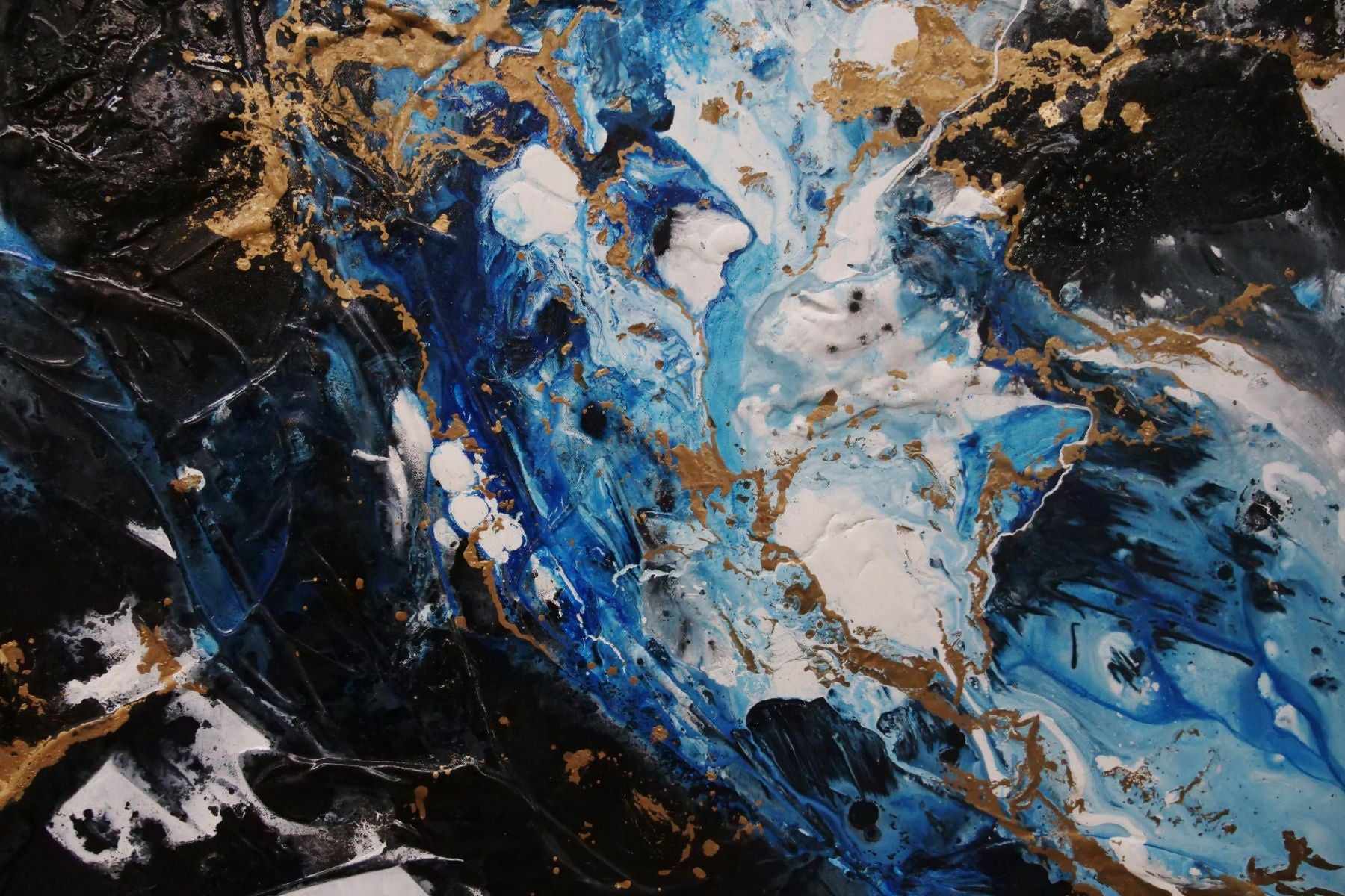 Golden Midnight 190cm x 100cm Gold Blue Black Textured Abstract Painting (SOLD)