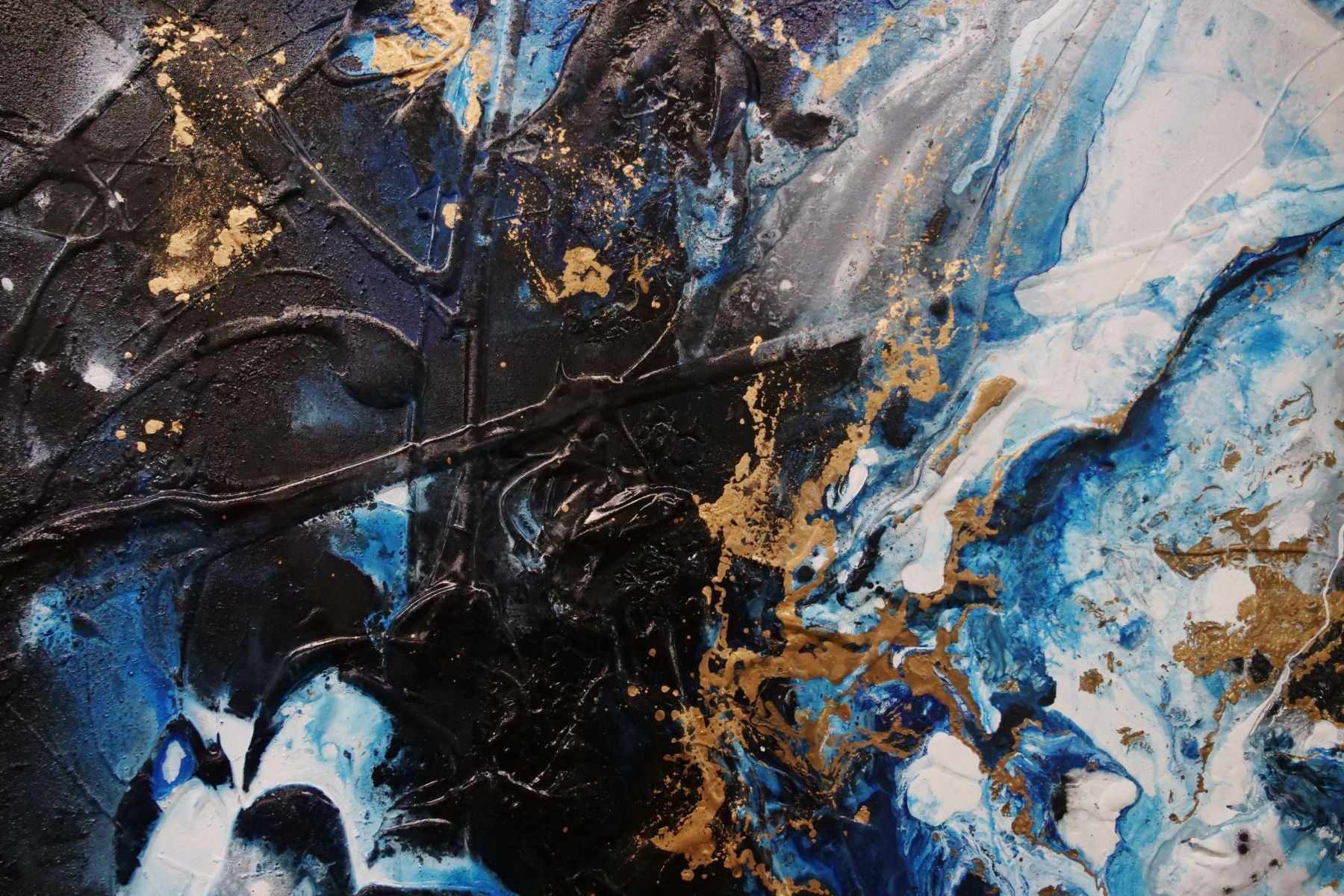 Golden Midnight 190cm x 100cm Gold Blue Black Textured Abstract Painting (SOLD)