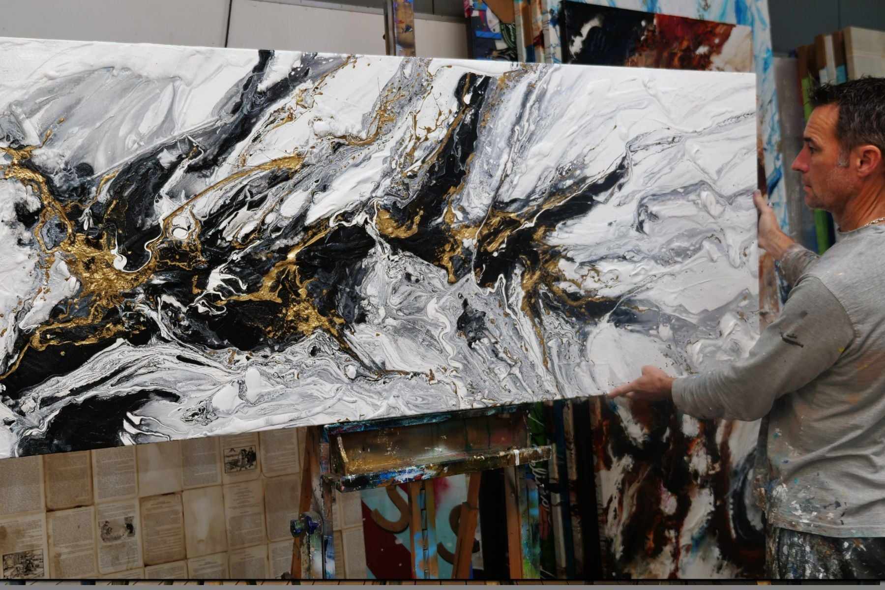 Golden Nero 200cm x 80cm Gold White Black Textured Abstract Painting (SOLD)-Abstract-[Franko Artist]-[Gold Coast]-[Brisbane]-[Huge]-Franklin Art Studio