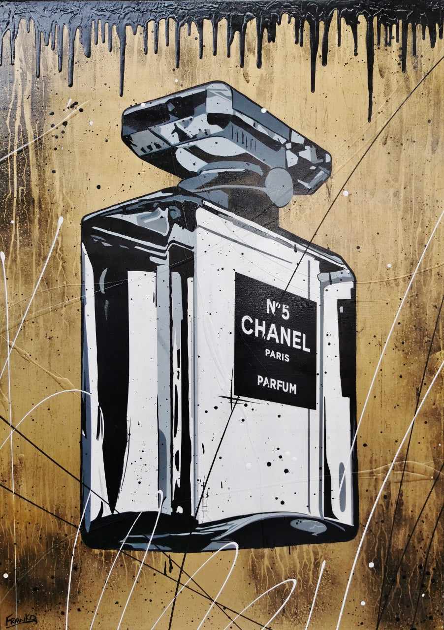 Golden No. 5 140cm x 100cm Chanel Bottle Textured Urban Pop Art Painting (SOLD)-Urban Pop Art-Franko-[Franko]-[Australia_Art]-[Art_Lovers_Australia]-Franklin Art Studio
