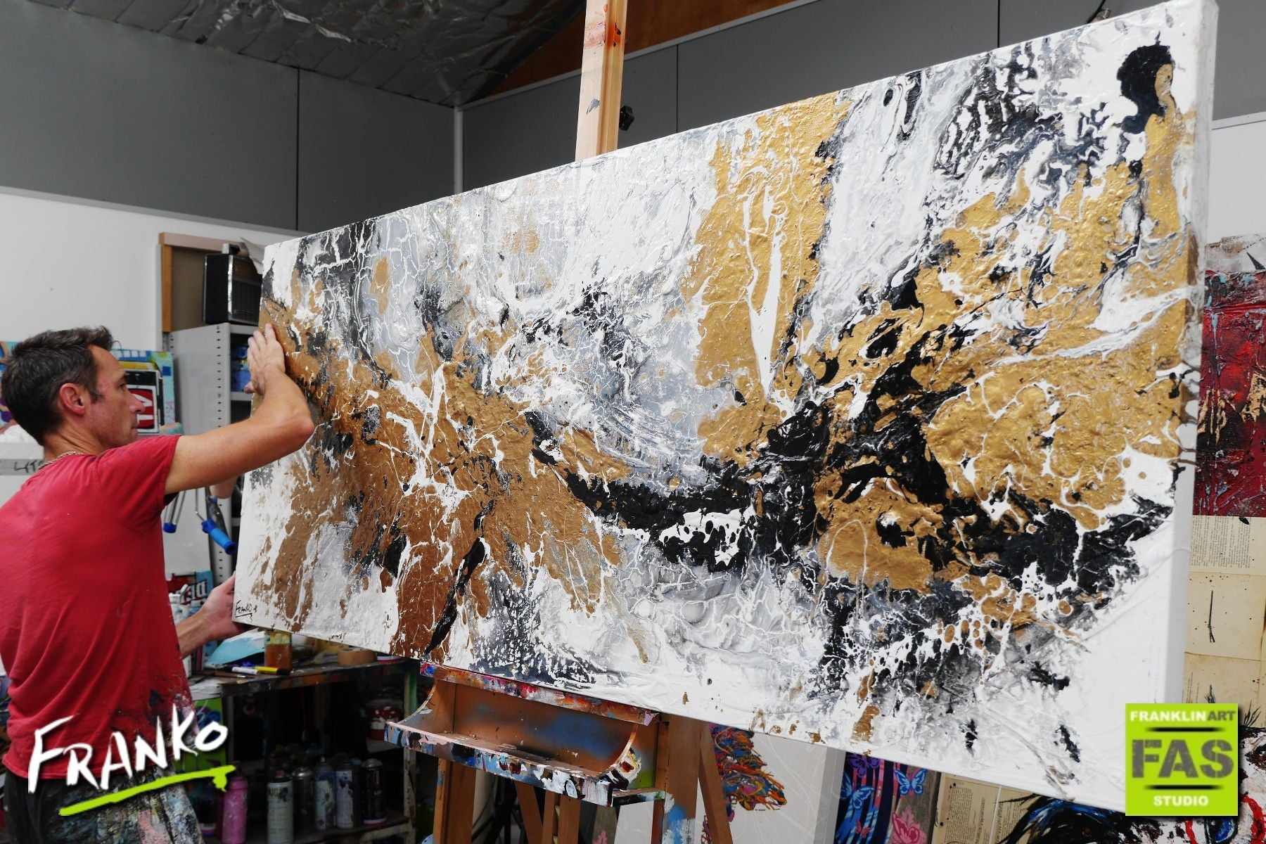 Golden Oxygen 200cm x 80cm White Black Gold Textured Abstract Painting (SOLD)-Abstract-[Franko Artist]-[Gold Coast]-[Brisbane]-[Huge]-Franklin Art Studio