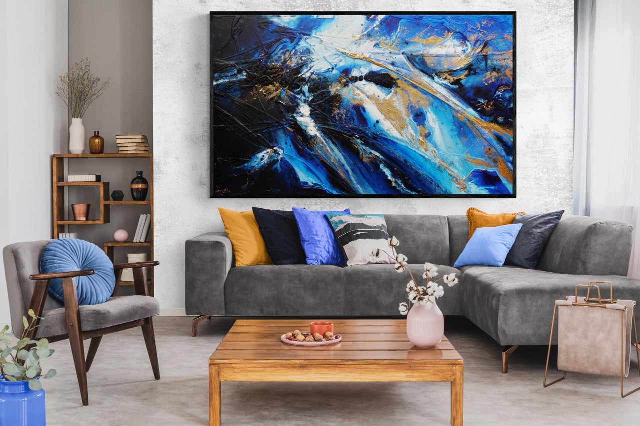 Golden Sapphire 200cm x 120cm Blue Gold White Textured Abstract Painting (SOLD)-Abstract-Franko-[franko_art]-[beautiful_Art]-[The_Block]-Franklin Art Studio