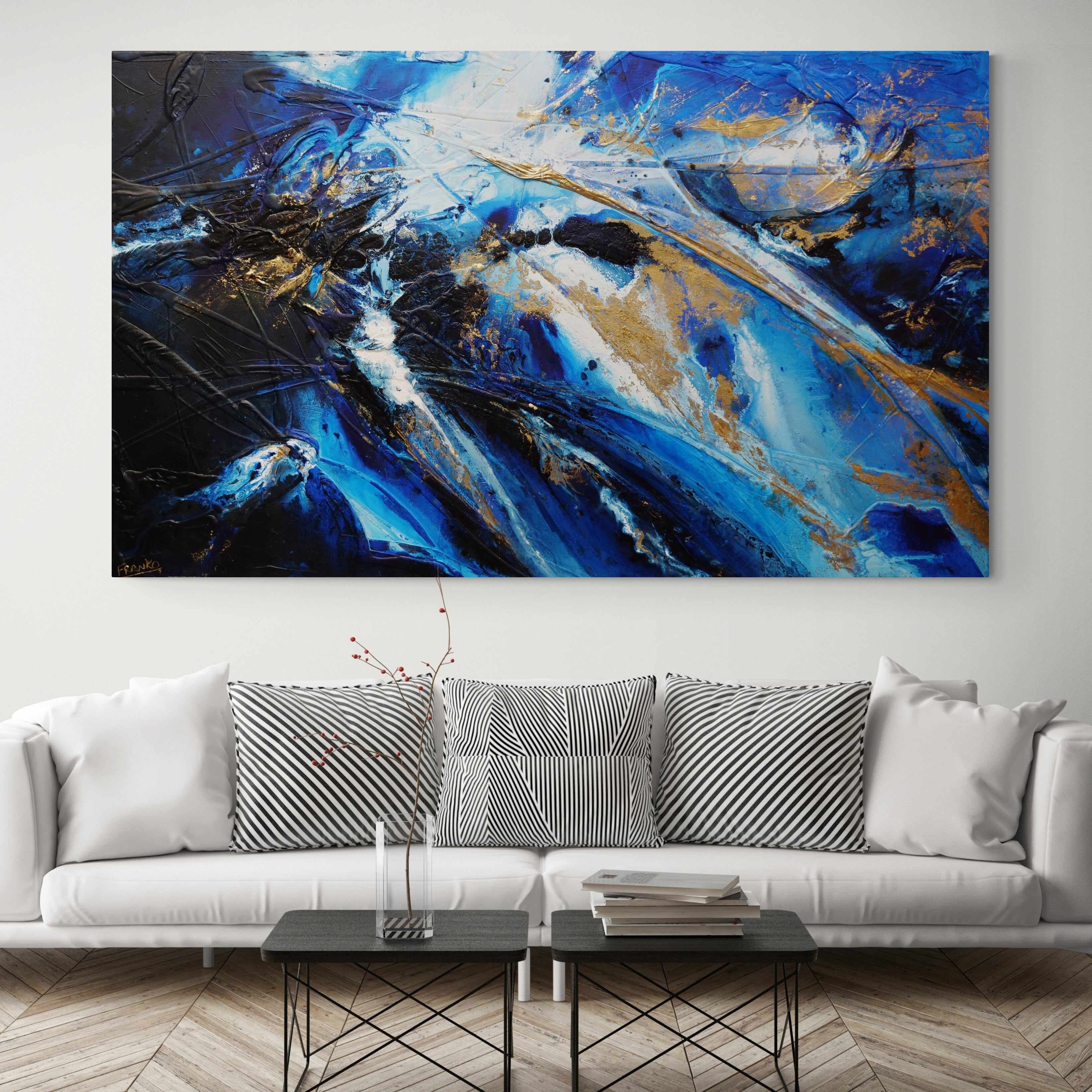 Golden Sapphire 200cm x 120cm Blue Gold White Textured Abstract Painting (SOLD)-Abstract-Franko-[Franko]-[huge_art]-[Australia]-Franklin Art Studio