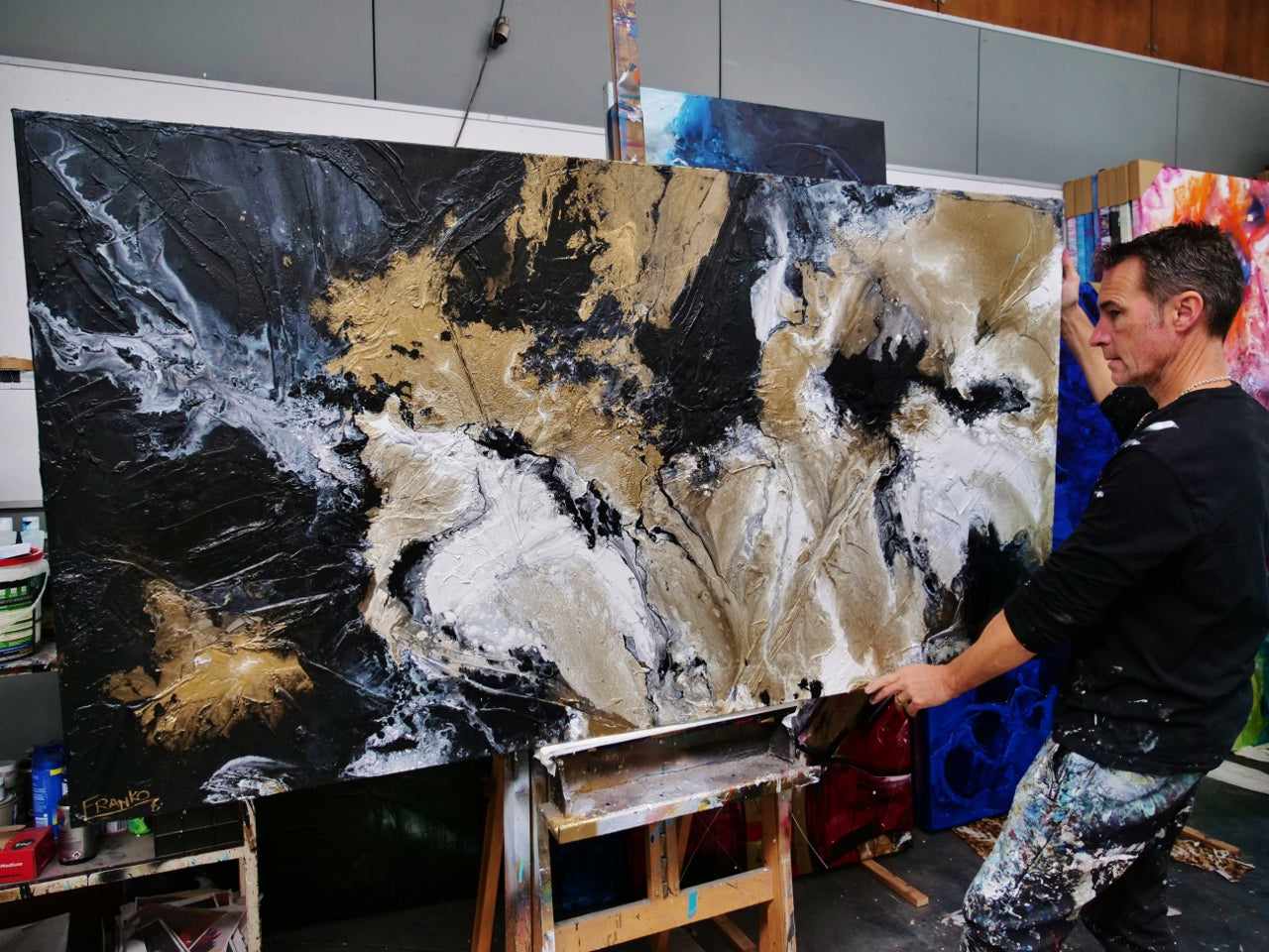 Golden Saturation 190cm x 100cm Black Gold White Textured Abstract Painting (SOLD)-Abstract-Franko-[franko_art]-[beautiful_Art]-[The_Block]-Franklin Art Studio