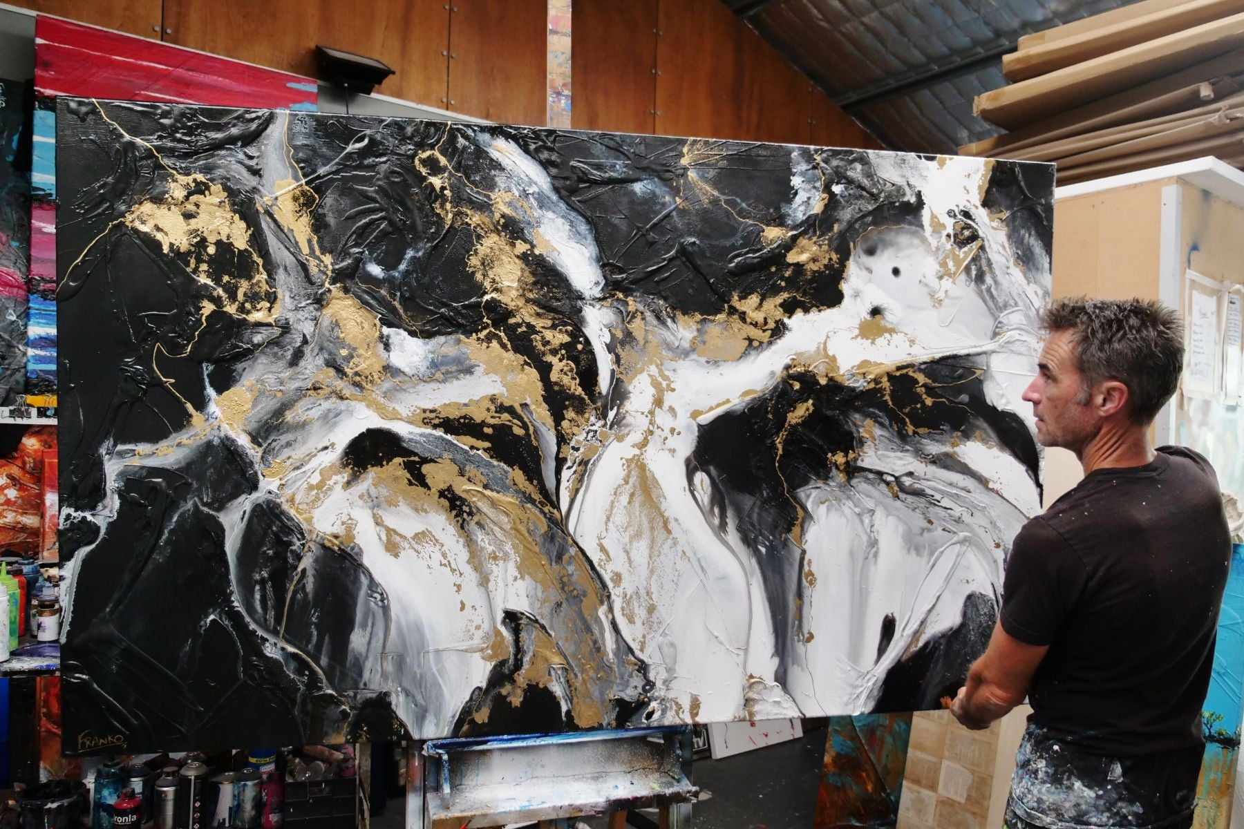 Golden Silk 200cm x 120cm Black White Gold Textured Abstract Painting (SOLD)-Abstract-[Franko Artist]-[Gold Coast]-[Brisbane]-[Huge]-Franklin Art Studio