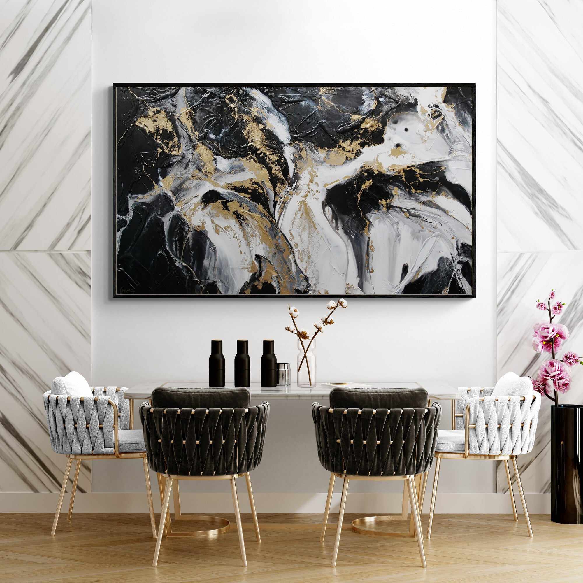 Golden Silk 200cm x 120cm Black White Gold Textured Abstract Painting-Abstract-Franko-[franko_art]-[beautiful_Art]-[The_Block]-Franklin Art Studio