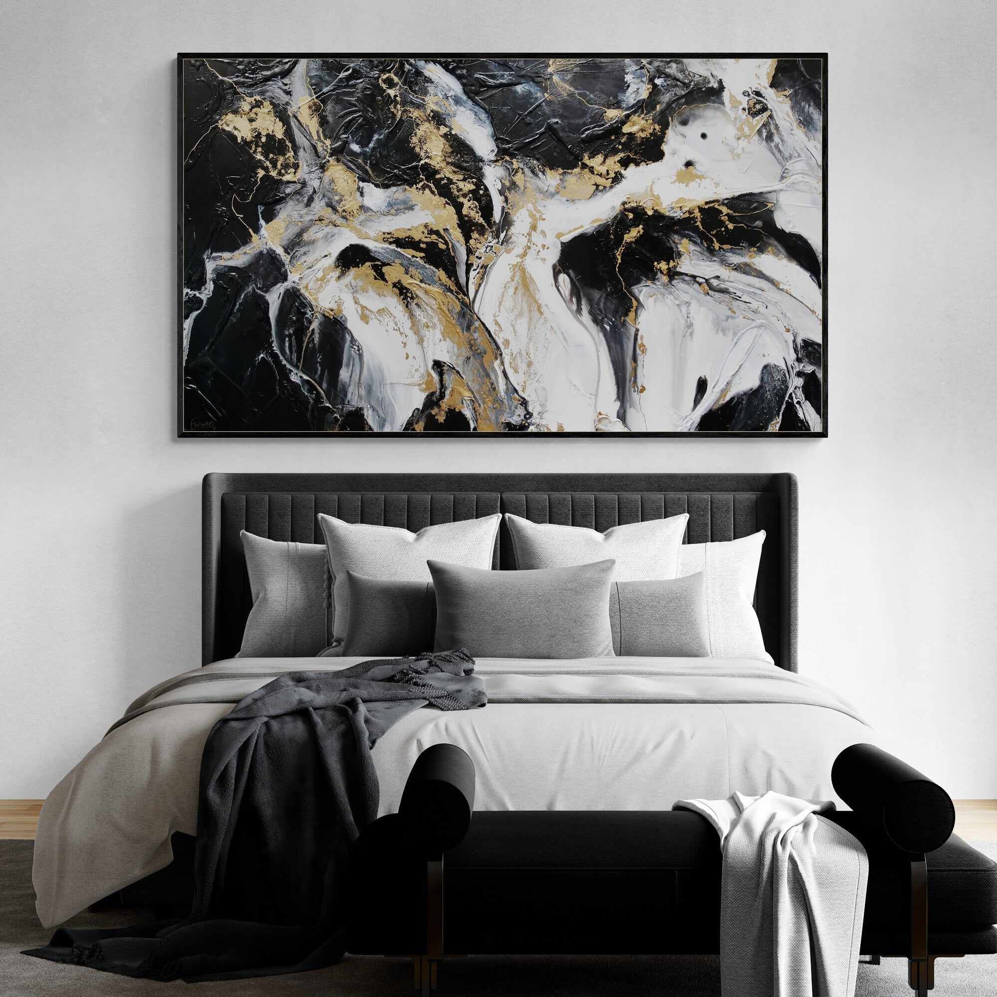 Golden Silk 200cm x 120cm Black White Gold Textured Abstract Painting (SOLD)-Abstract-Franko-[huge]-[Australian]-[best Selling]-Franklin Art Studio