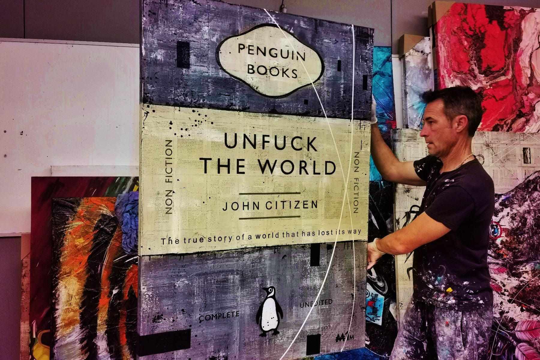 Grey Unfucker 140cm x 100cm Unfuck The World Urban Pop Book Club Painting (SOLD)-book club-Franko-[franko_artist]-[Art]-[interior_design]-Franklin Art Studio
