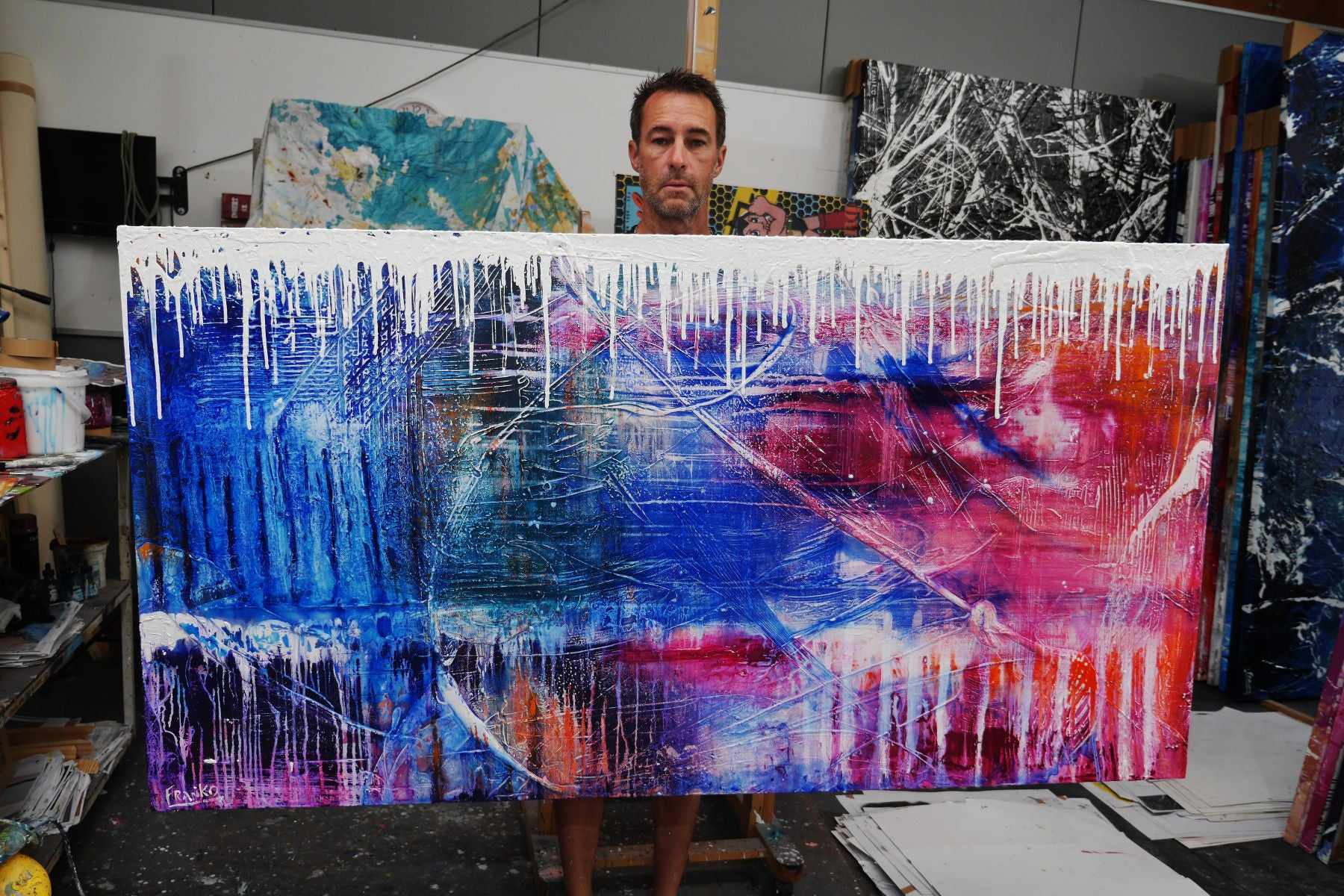 Grunge Riot 190cm x 100cm Colourful Textured Abstract Painting (SOLD)-Abstract-[Franko Artist]-[Gold Coast]-[Brisbane]-[Huge]-Franklin Art Studio