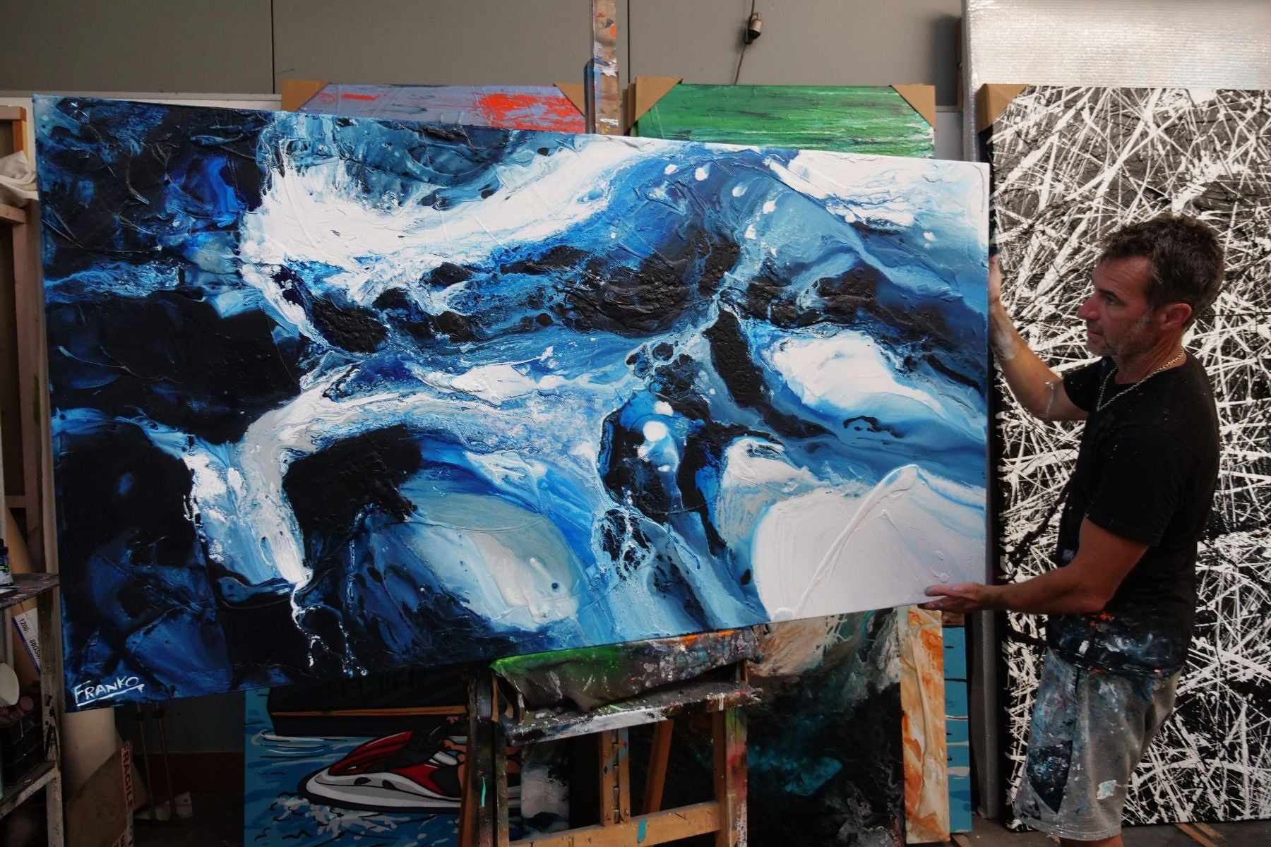 Hamptons Rush 190cm x 100cm Blue White Textured Abstract Painting (SOLD)-Abstract-Franko-[franko_artist]-[Art]-[interior_design]-Franklin Art Studio