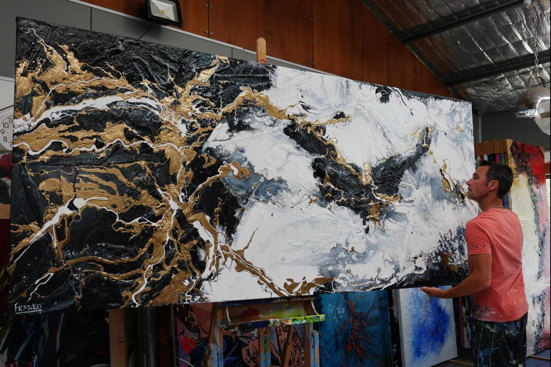 Held For Ransome 270cm x 120cm Black White Gold Grey Textured Abstract Painting (SOLD)-Abstract-Franko-[franko_artist]-[Art]-[interior_design]-Franklin Art Studio