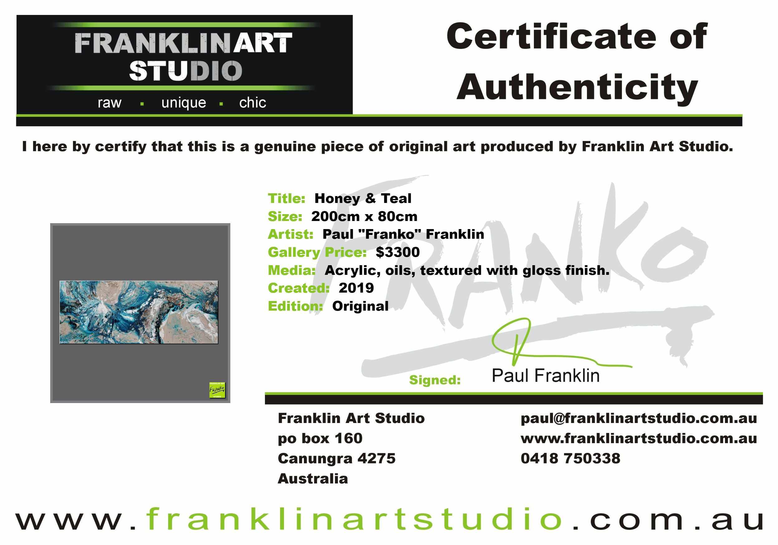 Honey & Teal 200cm x 80cm Cream Teal Textured Abstract Painting (SOLD)-Abstract-Franko-[franko_art]-[beautiful_Art]-[The_Block]-Franklin Art Studio