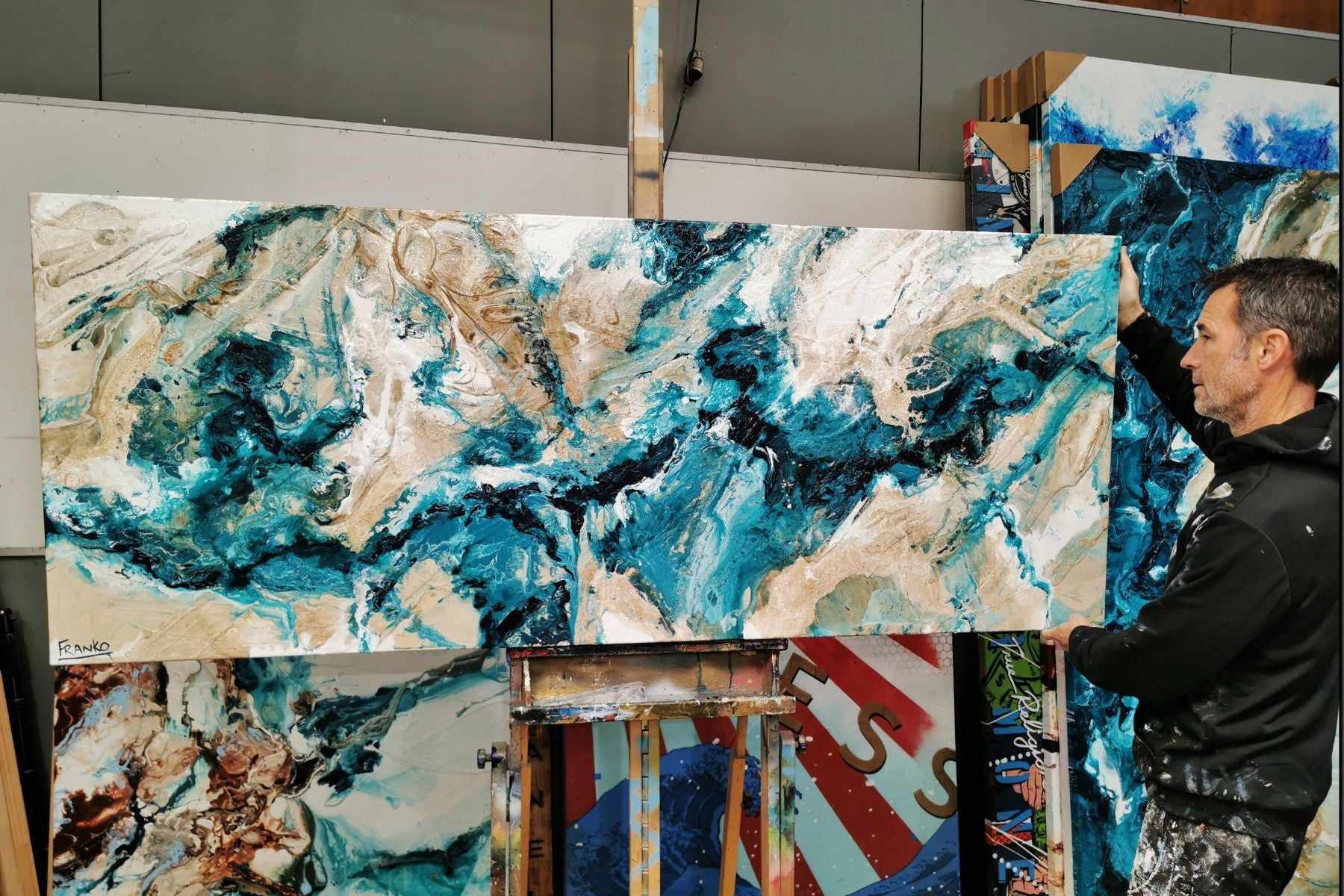 Honey and Southern Atmosphere 200cm x 80cm Teal Cream Textured Abstract Painting (SOLD)-Abstract-Franko-[franko_artist]-[Art]-[interior_design]-Franklin Art Studio