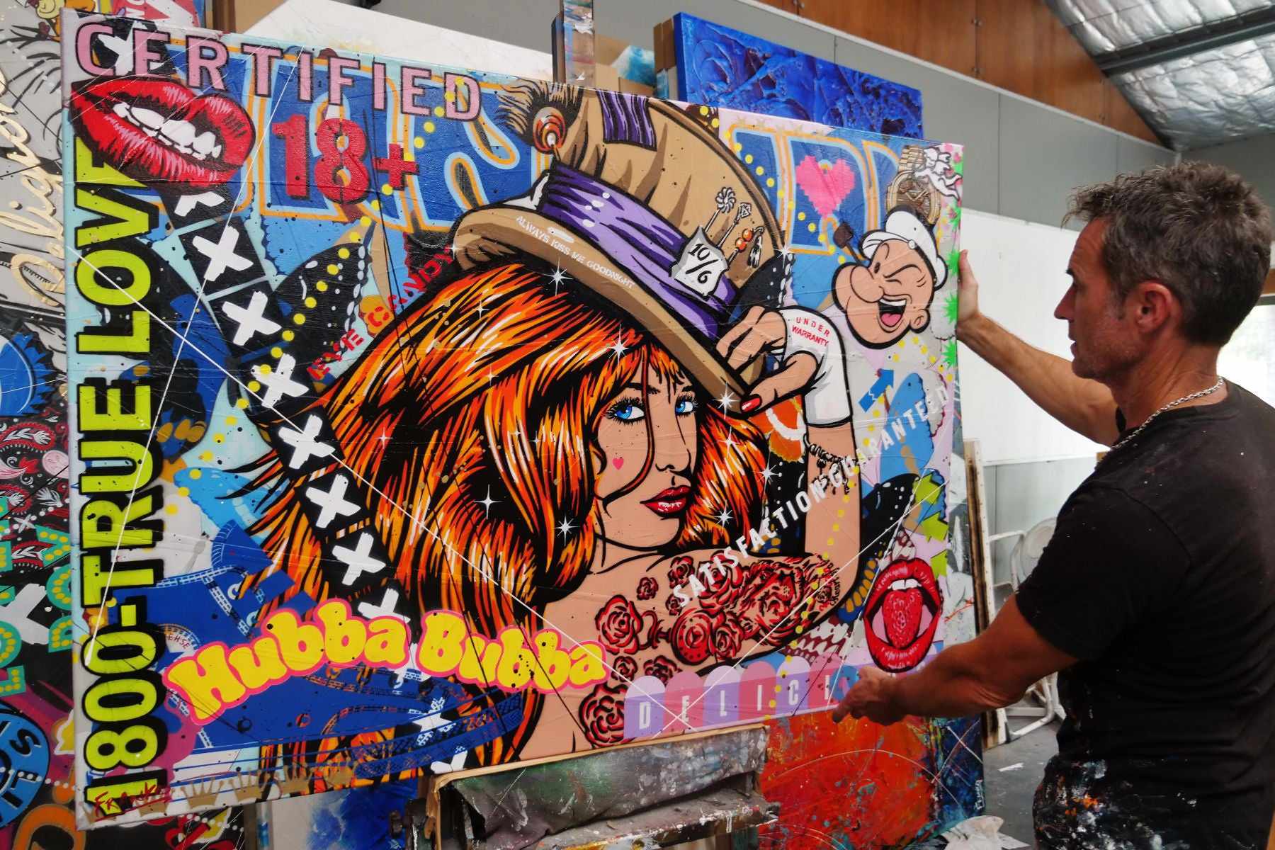 Hubba Bubba Hat Girl 140cm x 100cm Sexy Hat Woman Textured Urban Pop Art Painting (SOLD)-Urban Pop Art-Franko-[franko_art]-[beautiful_Art]-[The_Block]-Franklin Art Studio
