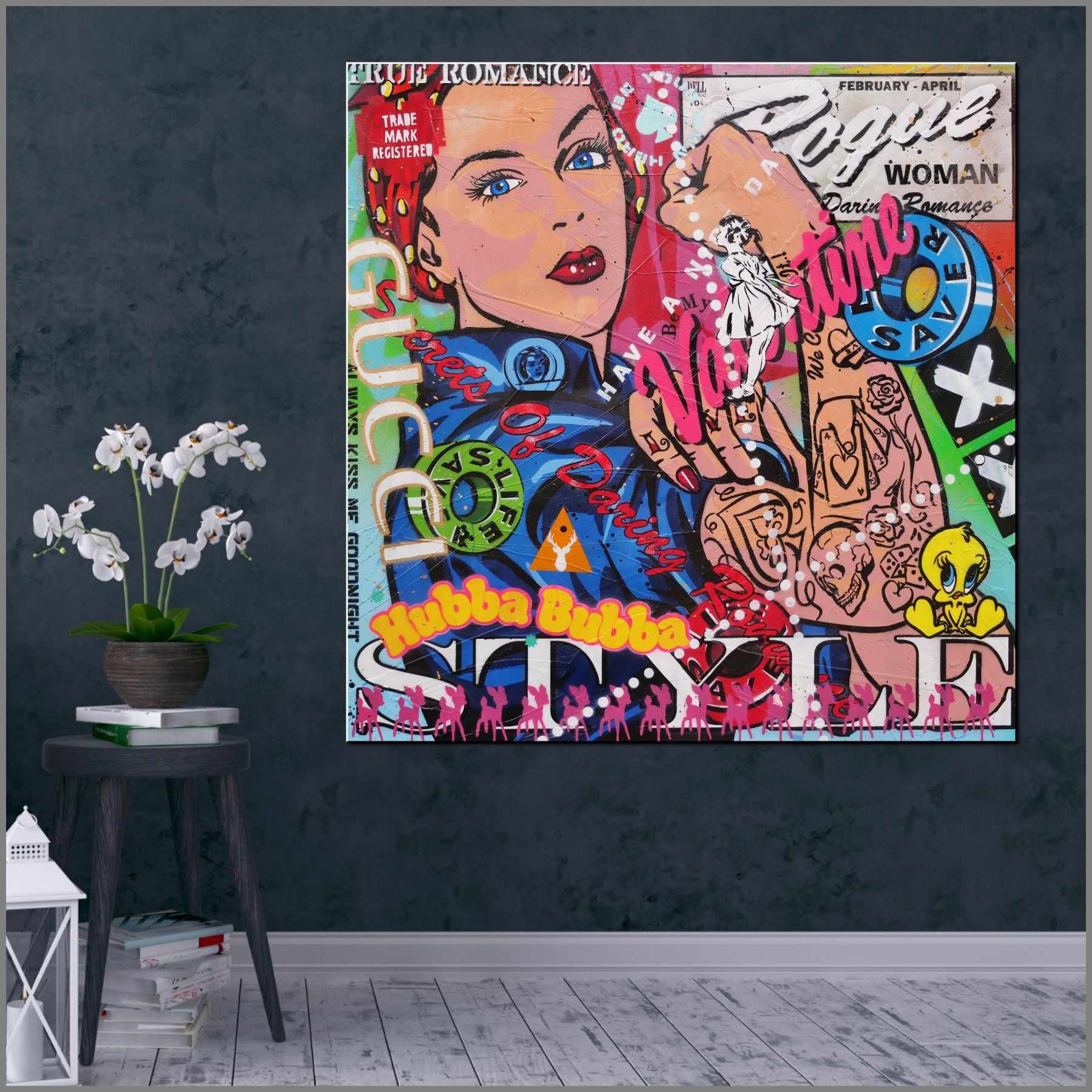 Hubba Bubba Rosie 100cm x 100cm Rosie The Riveter Textured Urban Pop Art Painting (SOLD)-Urban Pop Art-Franko-[Franko]-[huge_art]-[Australia]-Franklin Art Studio
