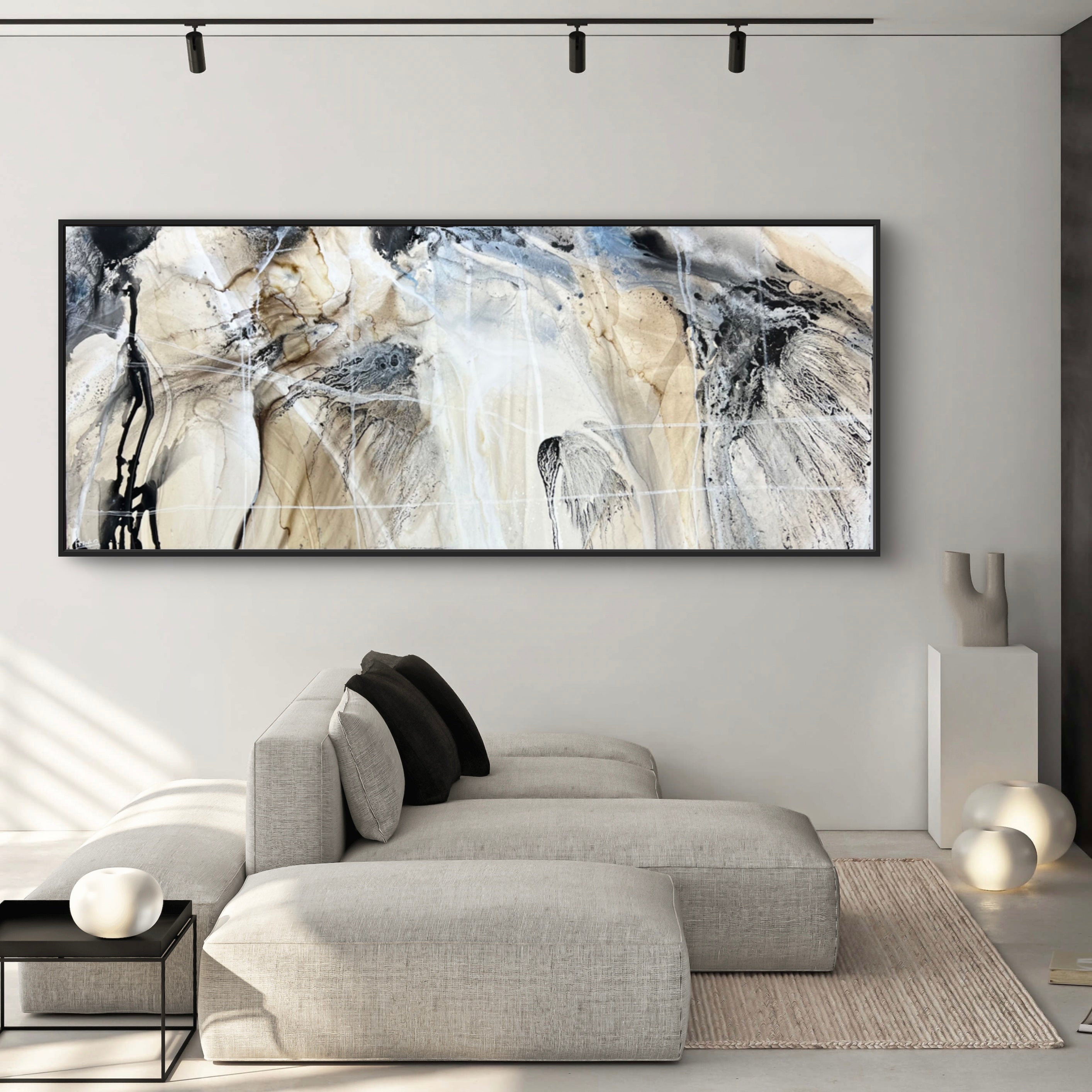 Refined 672 240cm x 100cm  Blue Rust Cream White Blended Abstract Painting (SOLD)