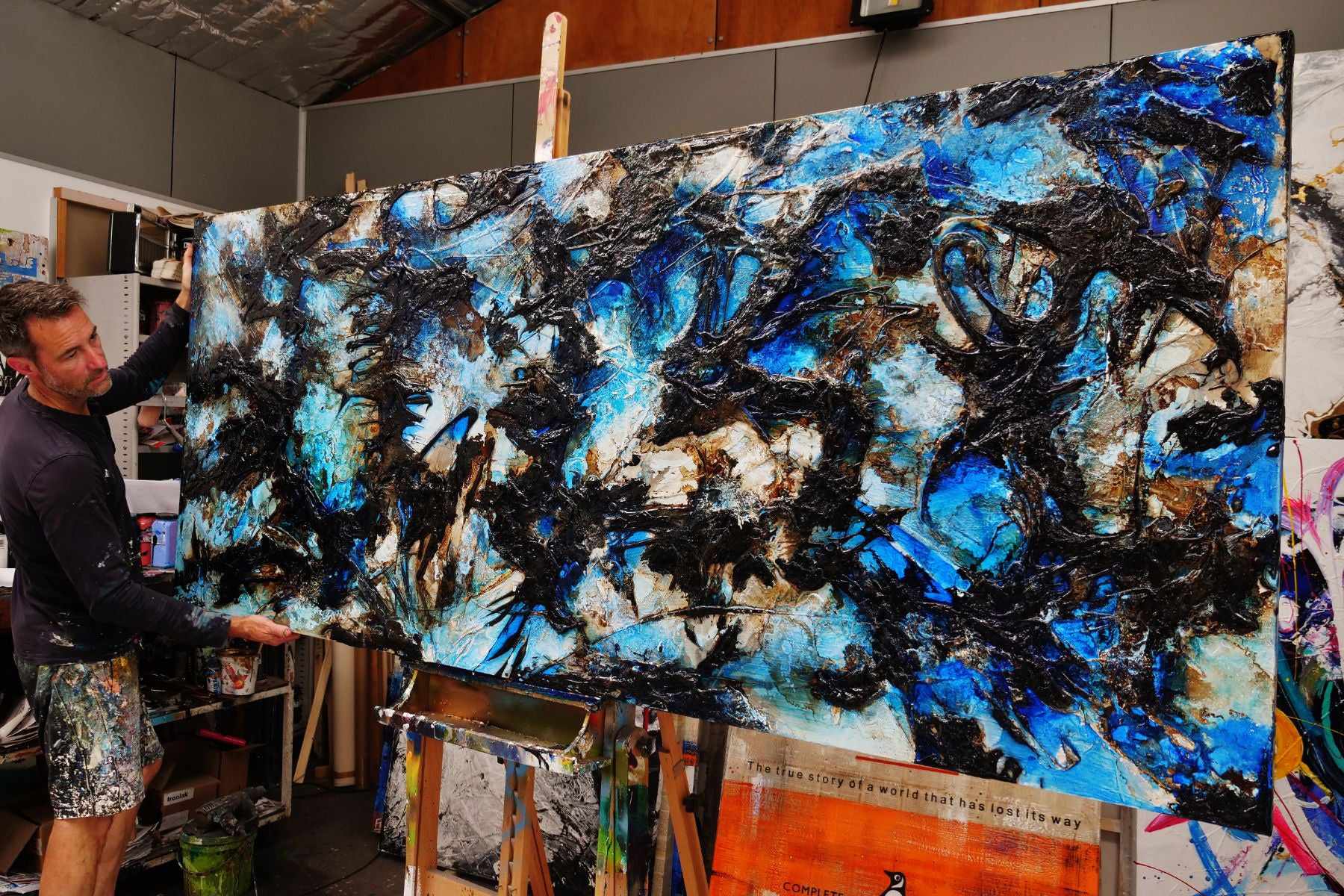 Ice Over Licorice 240cm x 100cm Blue Black Textured Abstract Painting (SOLD)-Abstract-[Franko Artist]-[Gold Coast]-[Brisbane]-[Huge]-Franklin Art Studio