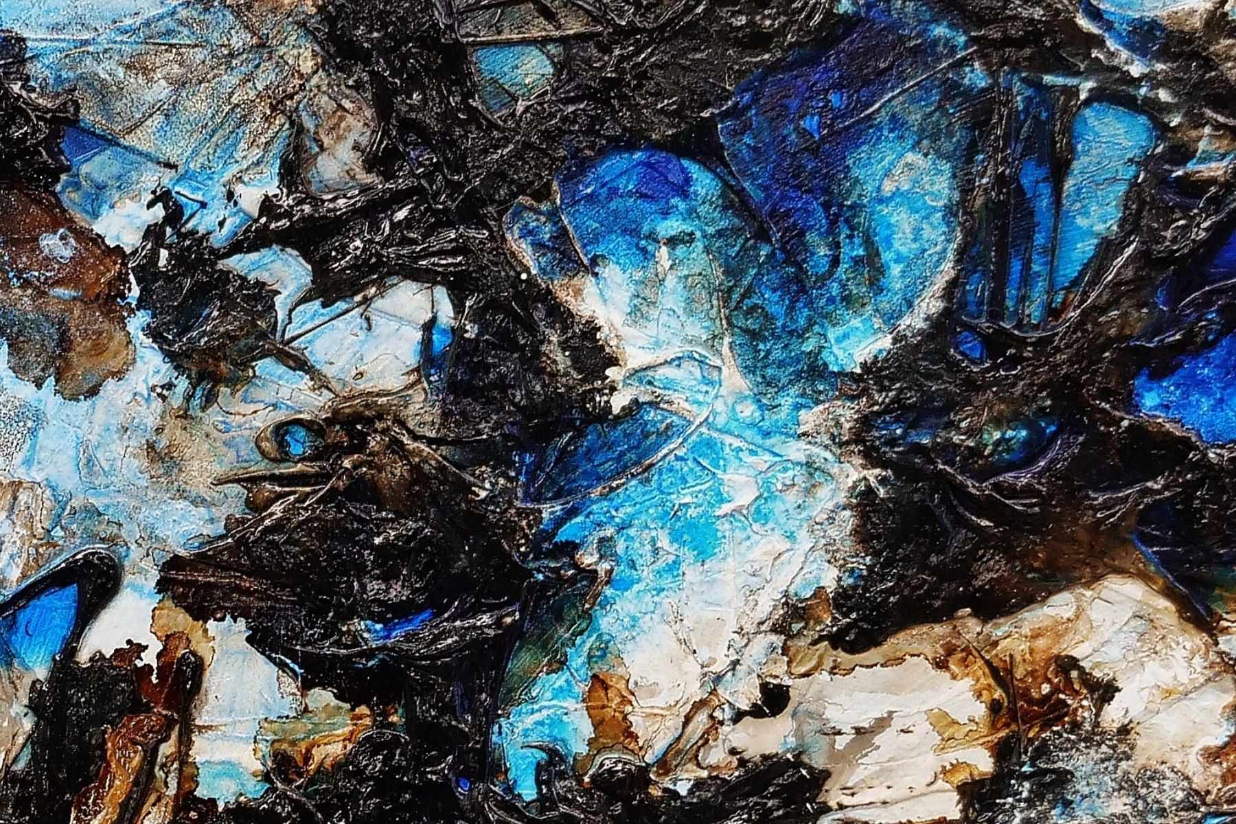 Ice Over Licorice 240cm x 100cm Blue Black Textured Abstract Painting (SOLD)