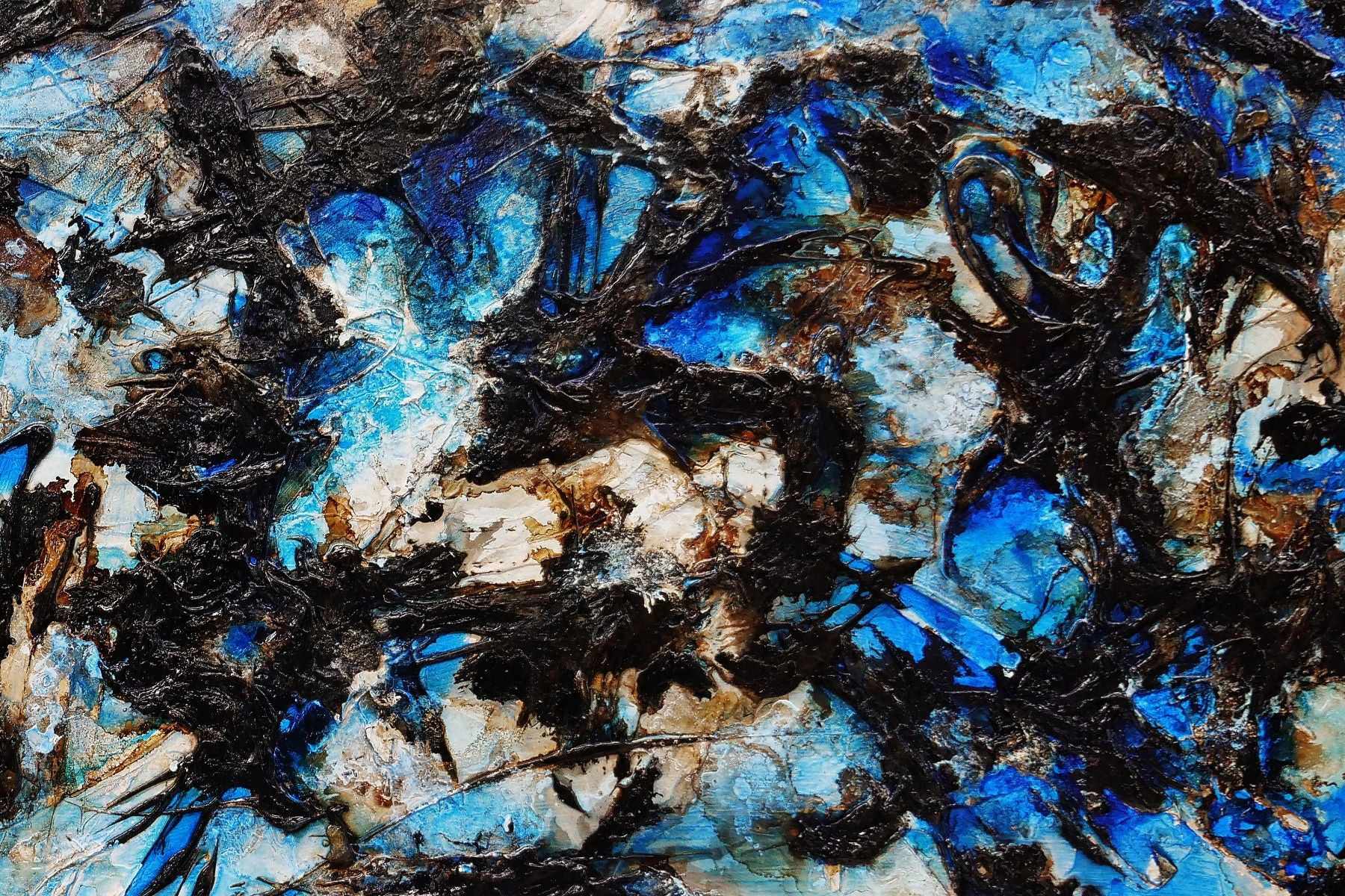 Ice Over Licorice 240cm x 100cm Blue Black Textured Abstract Painting (SOLD)-Abstract-[Franko]-[Artist]-[Australia]-[Painting]-Franklin Art Studio