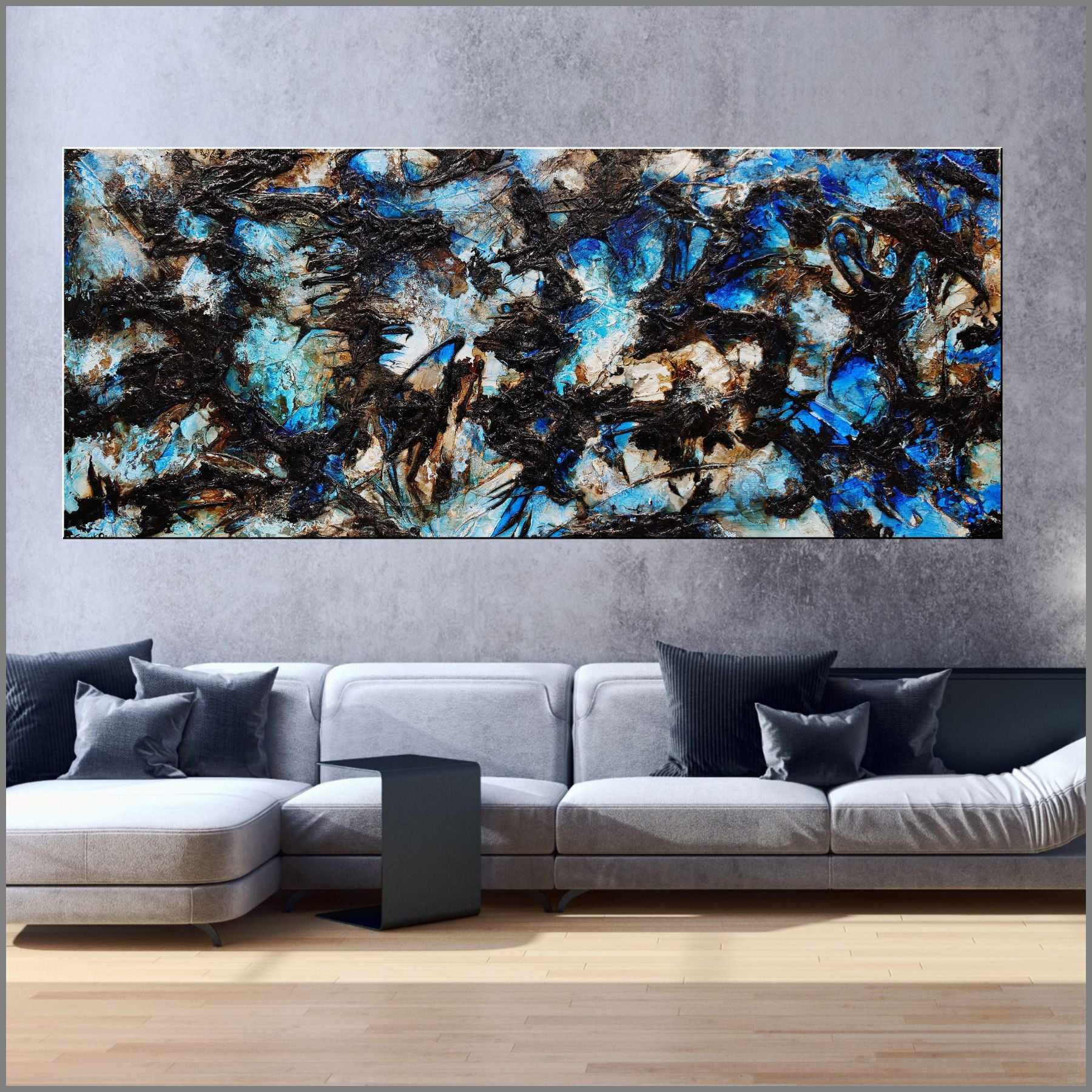 Ice Over Licorice 240cm x 100cm Blue Black Textured Abstract Painting (SOLD)-Abstract-Franko-[huge]-[Australian]-[best Selling]-Franklin Art Studio