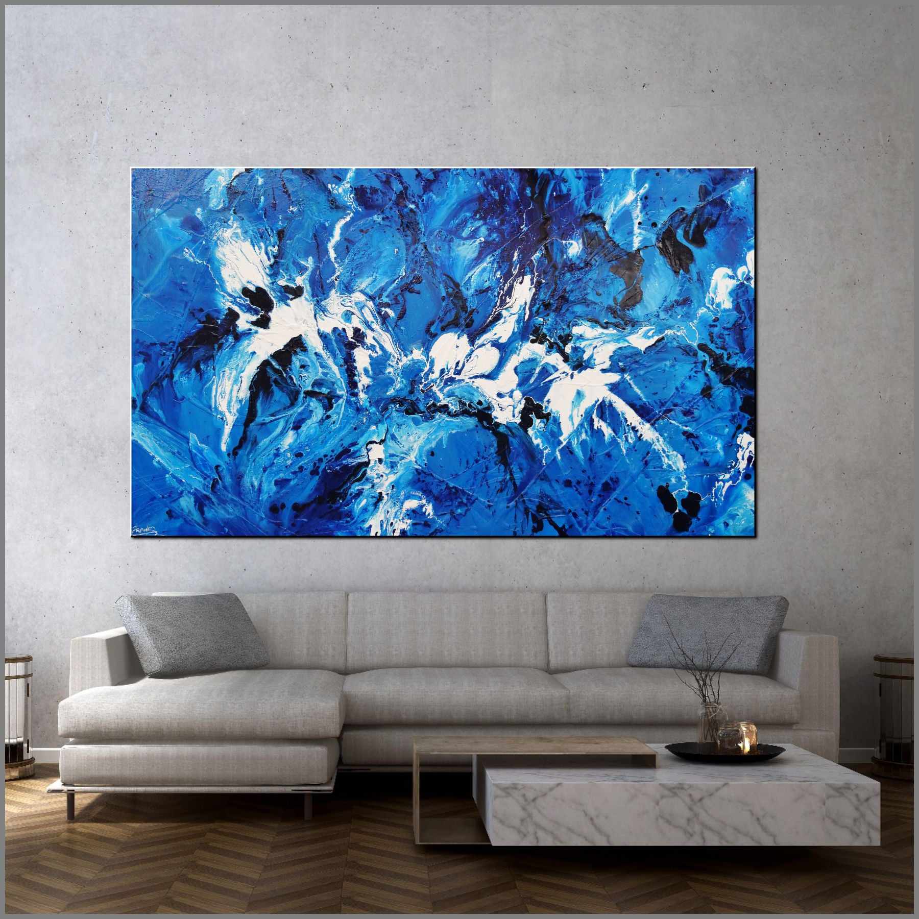 Indigo Waters 200cm x 120cm Blue White Textured Abstract Painting (SOLD)-Abstract-Franko-[Franko]-[huge_art]-[Australia]-Franklin Art Studio