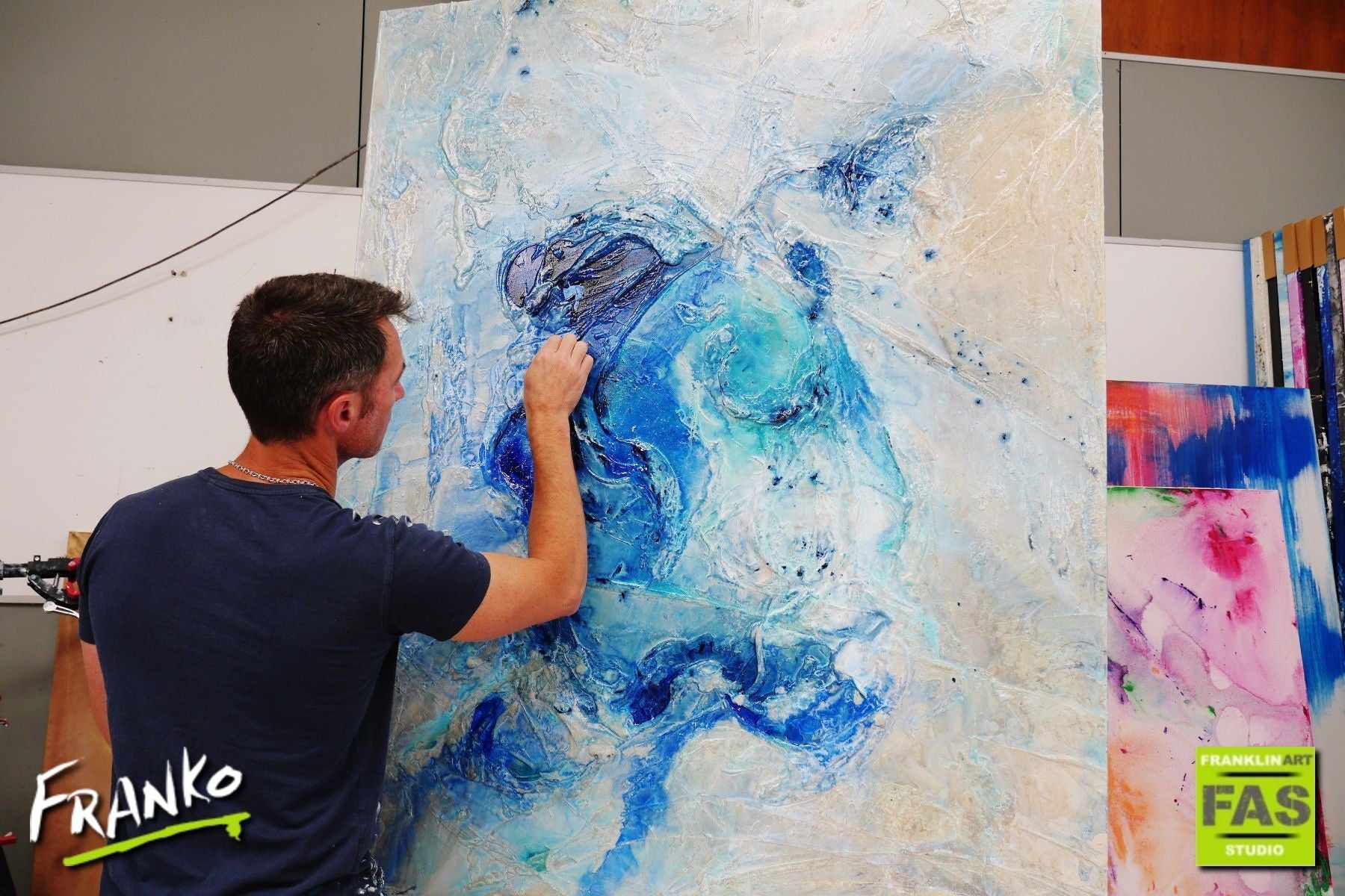 Ink Blue Infusion 120cm x 150cm White Blue Abstract Painting (SOLD)-abstract-[Franko Artist]-[Gold Coast]-[Brisbane]-[Huge]-Franklin Art Studio