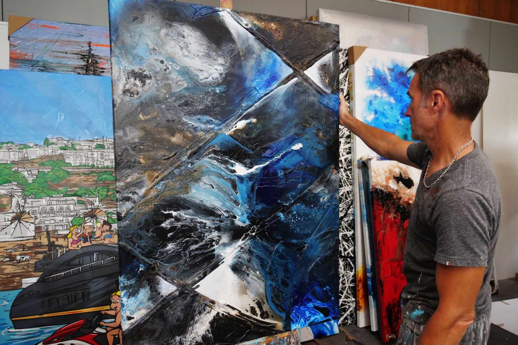 Ink Clash 140cm x 100cm Black Blue Textured Abstract Painting (SOLD)-Abstract-[Franko]-[Australian]-[Popular]-[Best Selling]-Franklin Art Studio