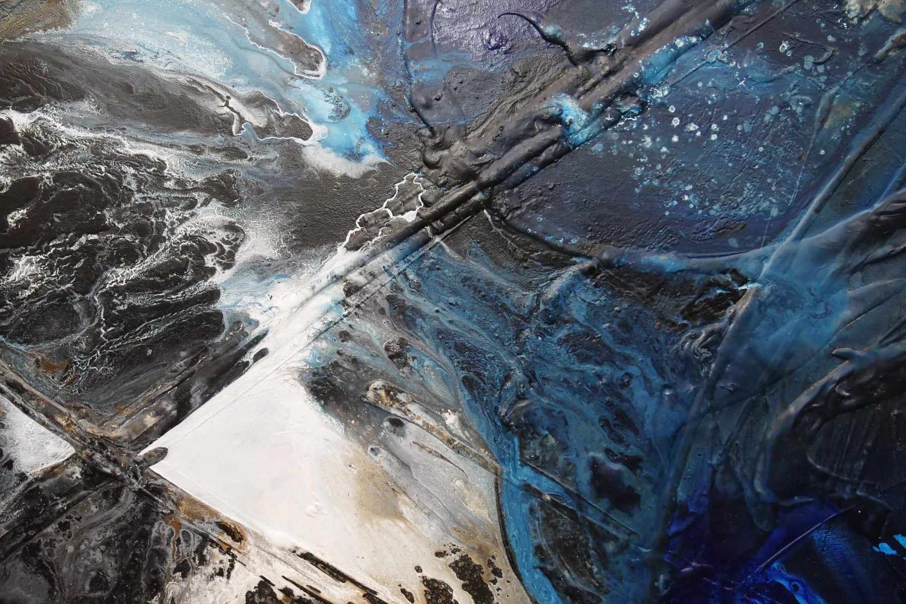 Ink Clash 140cm x 100cm Black Blue Textured Abstract Painting (SOLD)