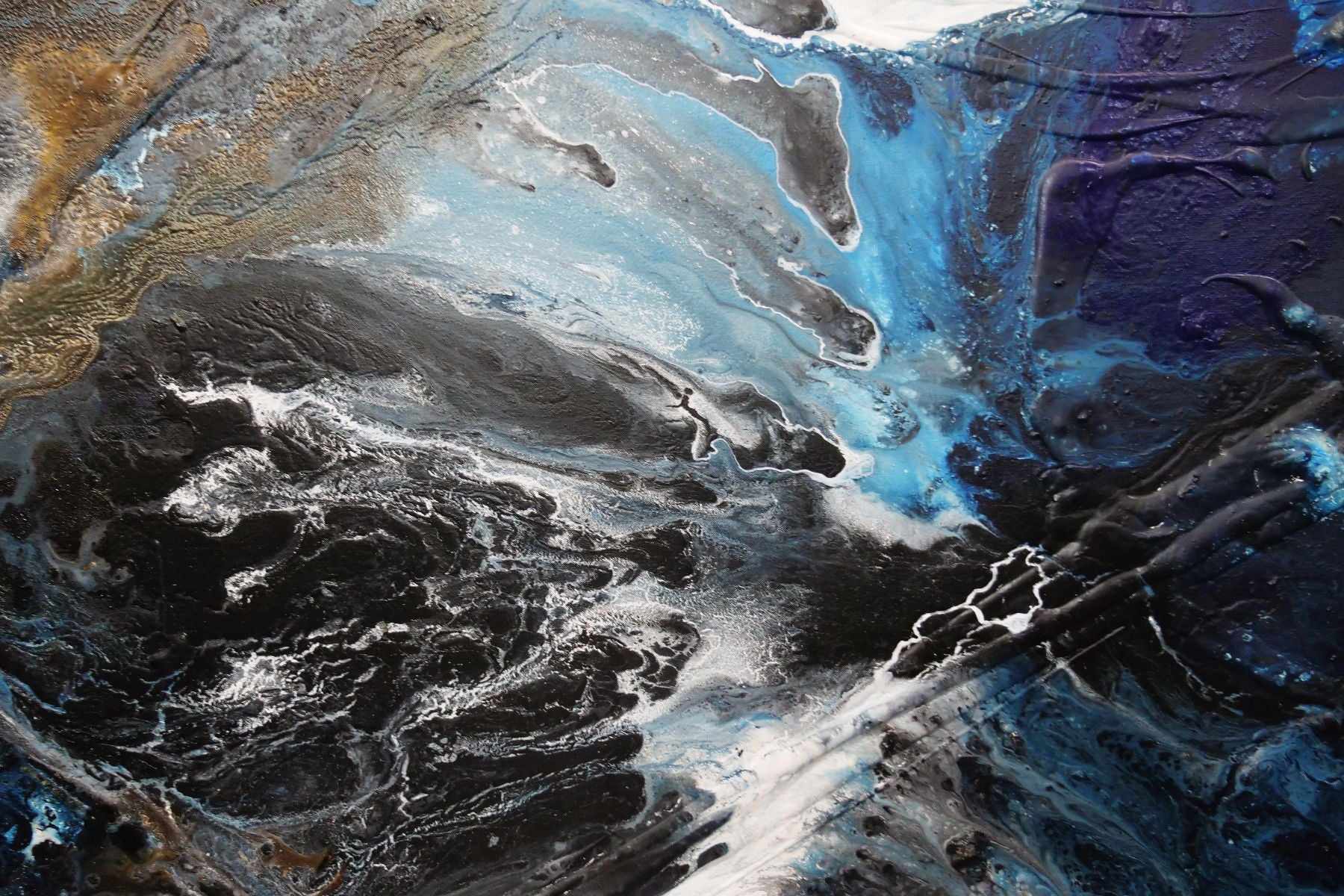 Ink Clash 140cm x 100cm Black Blue Textured Abstract Painting (SOLD)