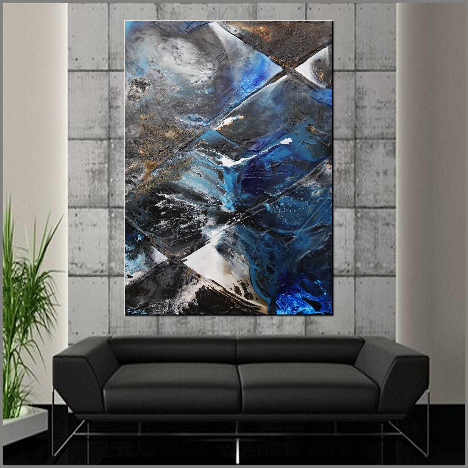 Ink Clash 140cm x 100cm Black Blue Textured Abstract Painting (SOLD)-Abstract-Franko-[huge]-[Australian]-[best Selling]-Franklin Art Studio