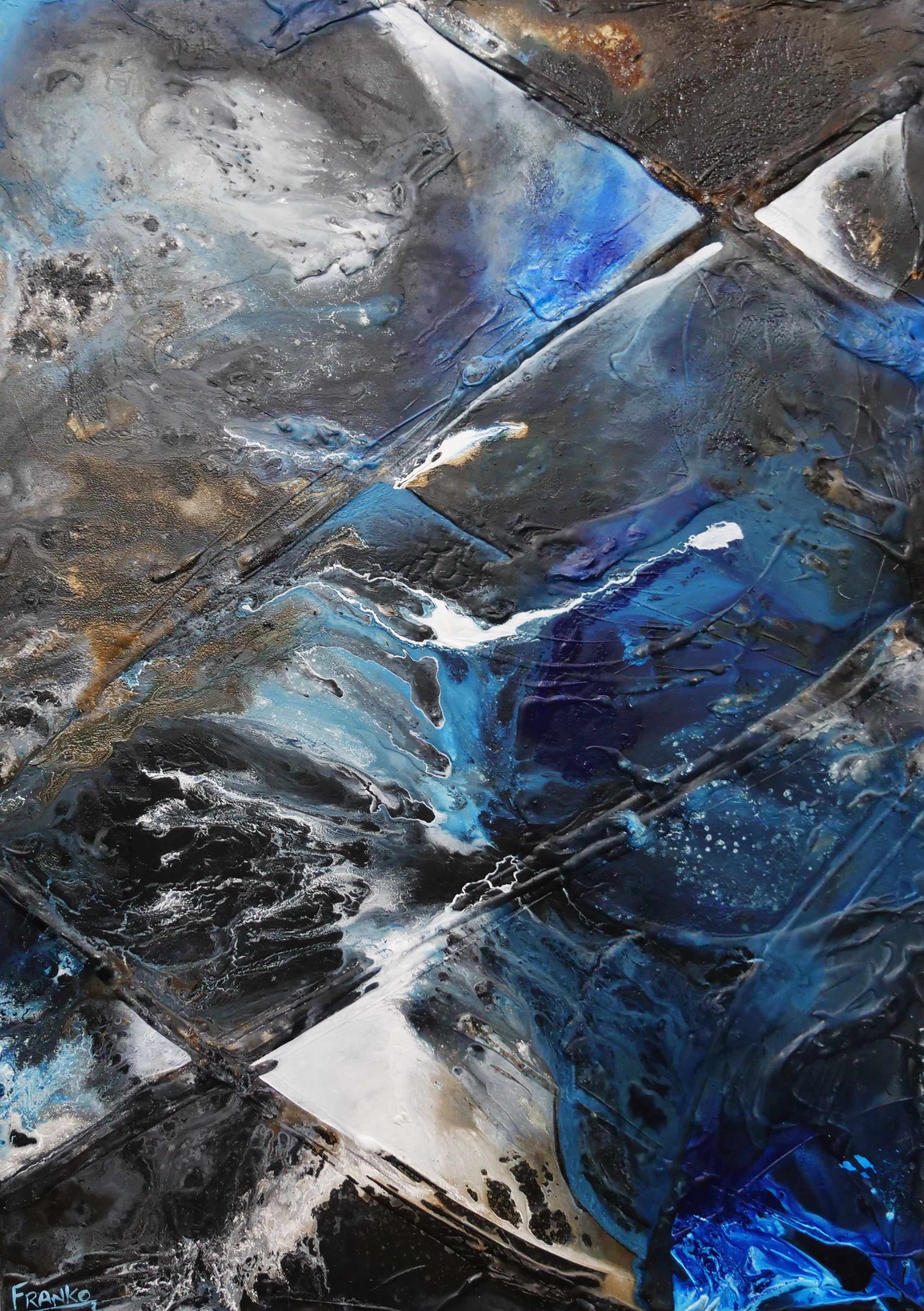 Ink Clash 140cm x 100cm Black Blue Textured Abstract Painting (SOLD)-Abstract-[Franko]-[Australian Artist]-[Large]-[Popular]-Franklin Art Studio