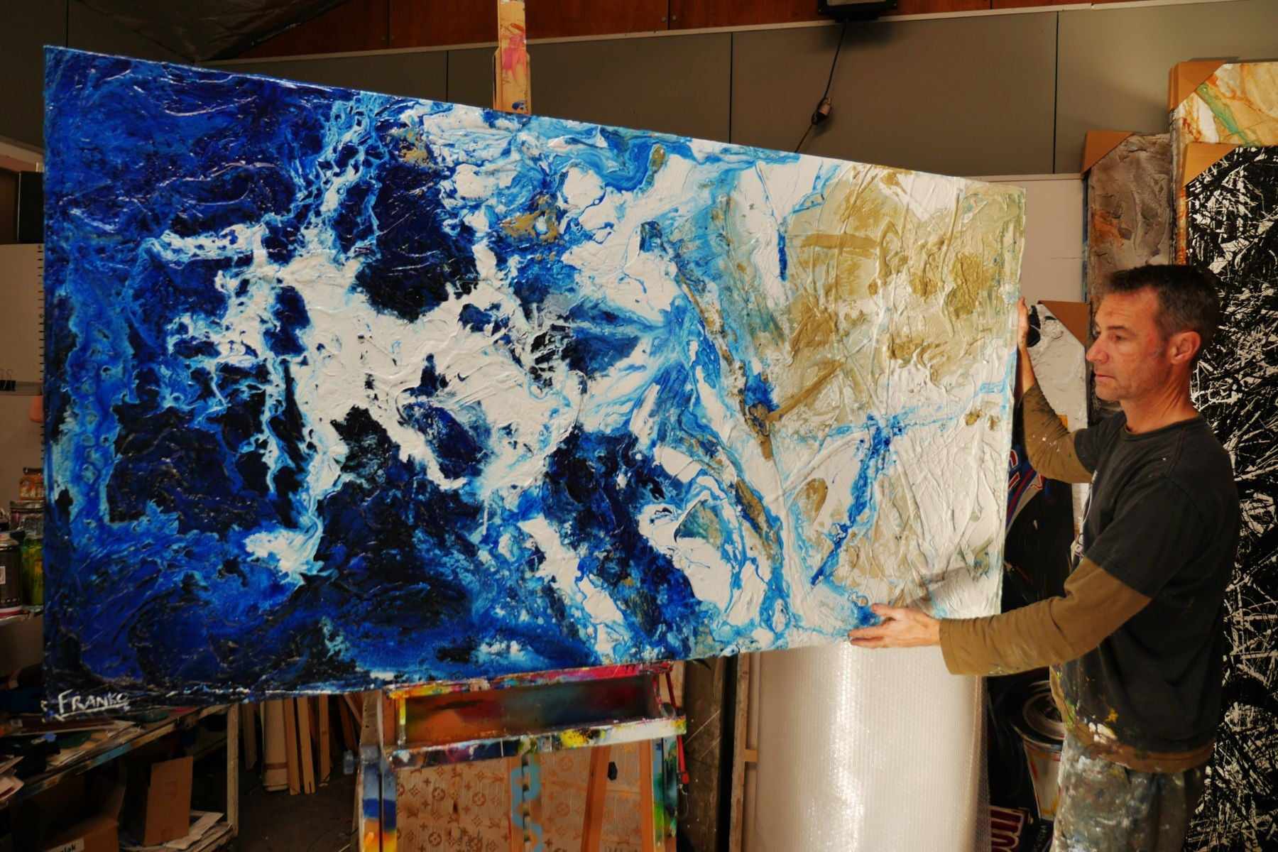 Inked Atoll 190cm x 100cm Cream Blue Textured Abstract Painting (SOLD)-Abstract-[Franko Artist]-[Gold Coast]-[Brisbane]-[Huge]-Franklin Art Studio