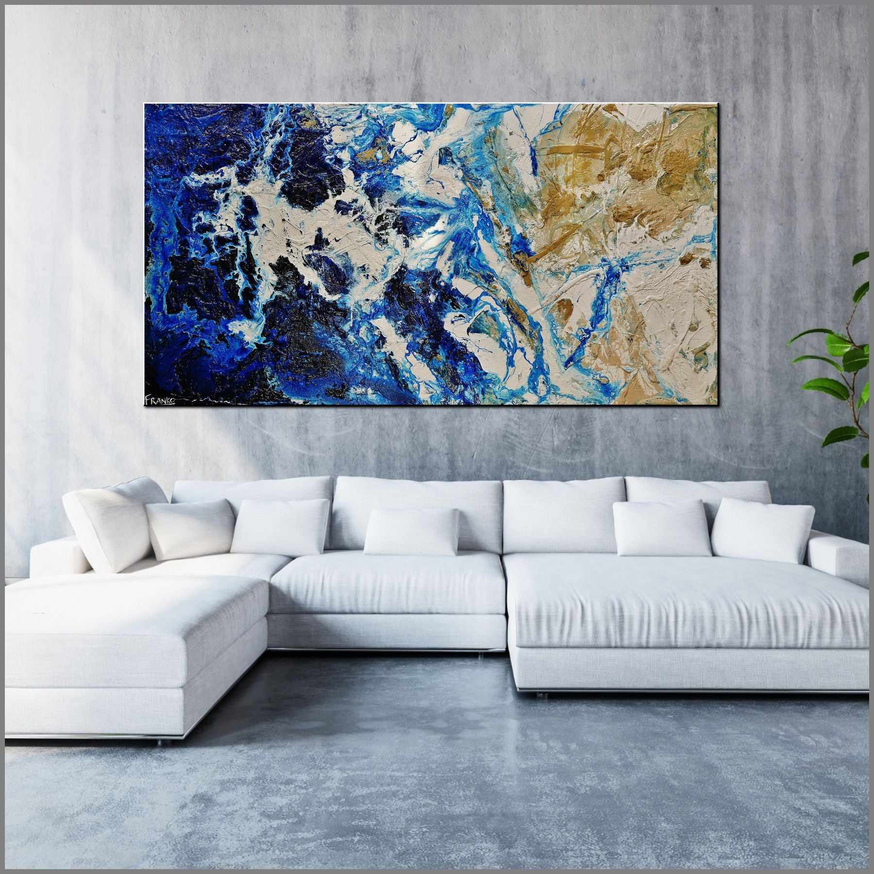 Inked Atoll 190cm x 100cm Cream Blue Textured Abstract Painting (SOLD)-Abstract-Franko-[Franko]-[huge_art]-[Australia]-Franklin Art Studio