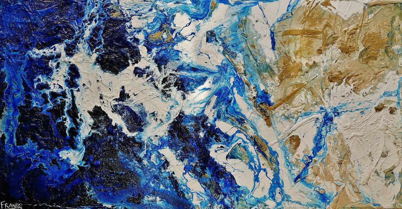 Inked Atoll 190cm x 100cm Cream Blue Textured Abstract Painting (SOLD)-Abstract-Franko-[Franko]-[Australia_Art]-[Art_Lovers_Australia]-Franklin Art Studio