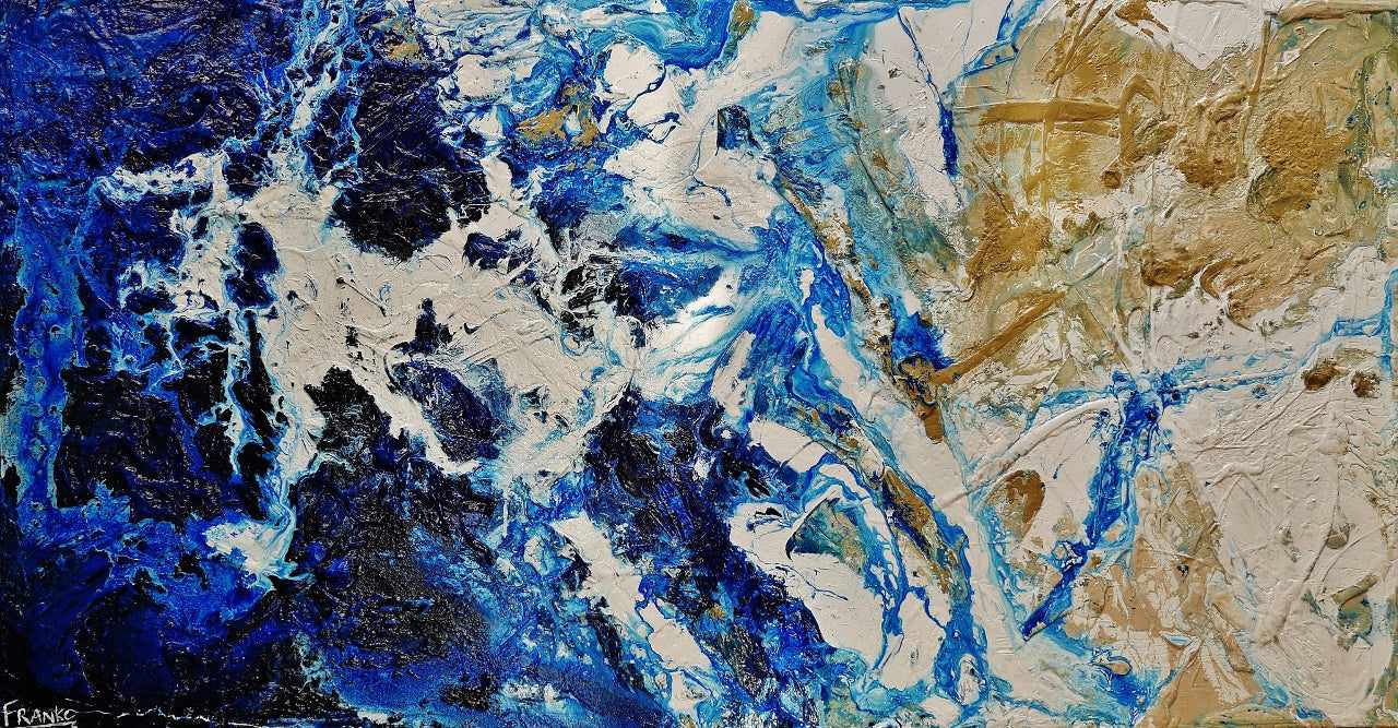 Inked Atoll 190cm x 100cm Cream Blue Textured Abstract Painting (SOLD)-Abstract-[Franko ]-[Gallery]-[popular]-[Australia]-Franklin Art Studio