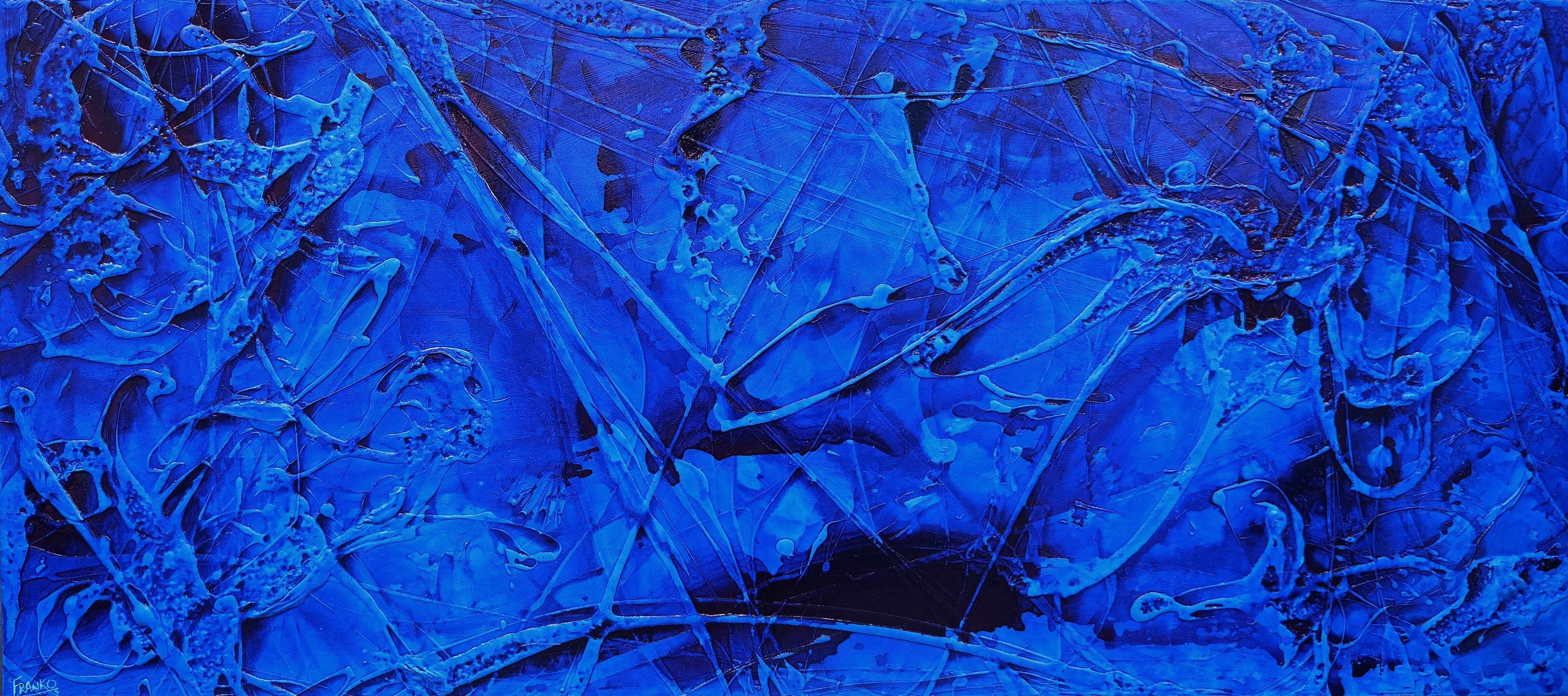 Inked Euphoria 270cm x 120cm Blue Ink Textured Abstract Painting-Abstract-Franko-[Franko]-[Australia_Art]-[Art_Lovers_Australia]-Franklin Art Studio