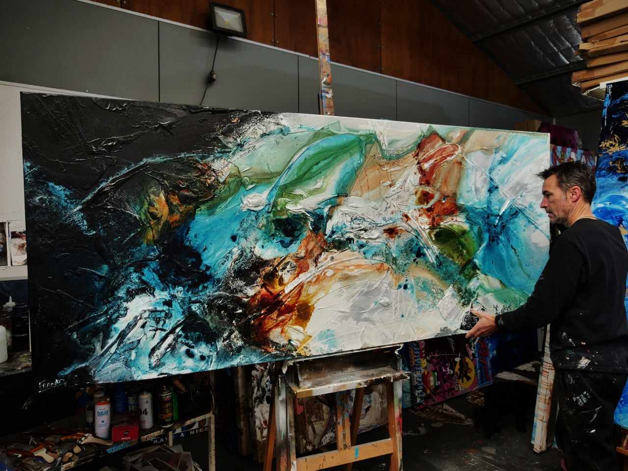 Iron and Oxide 240cm x 100cm Black White Teal Textured Abstract Painting (SOLD)-Abstract-Franko-[franko_art]-[beautiful_Art]-[The_Block]-Franklin Art Studio