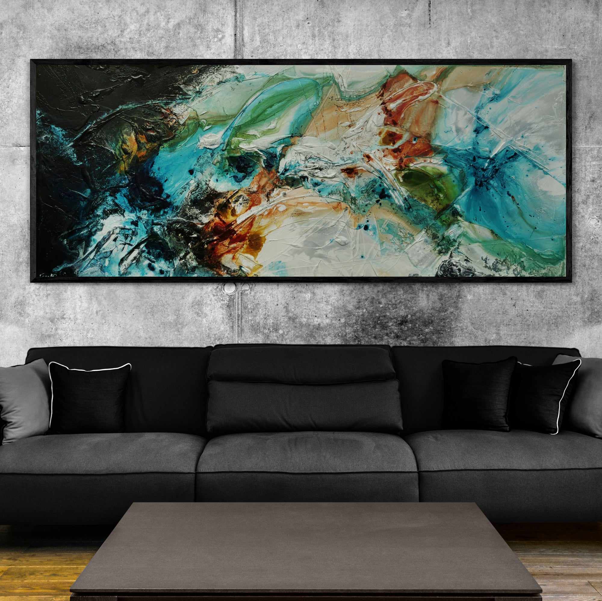Iron and Oxide 240cm x 100cm Black White Teal Textured Abstract Painting (SOLD)