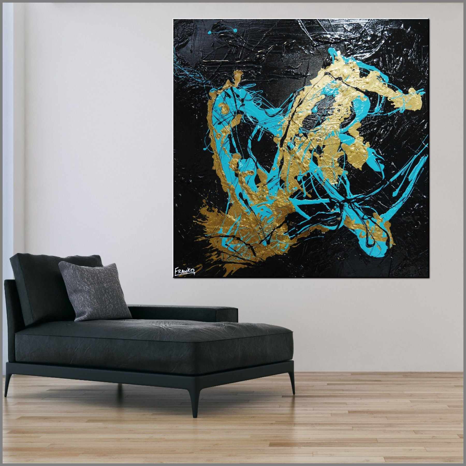 Jade Breath 100cm x 100cm Jade Black Gold Textured Abstract Painting (SOLD)-Abstract-Franko-[Franko]-[huge_art]-[Australia]-Franklin Art Studio