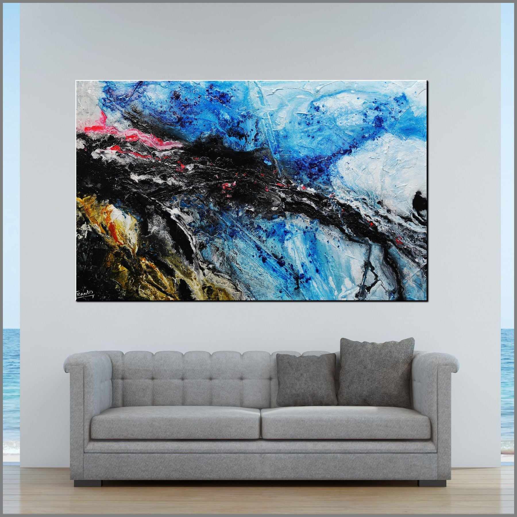 Jellyfish Candy 160cm x 100cm Blue, Yellow, Pink, Black Textured Abstract Painting (SOLD)-Abstract-Franko-[Franko]-[huge_art]-[Australia]-Franklin Art Studio