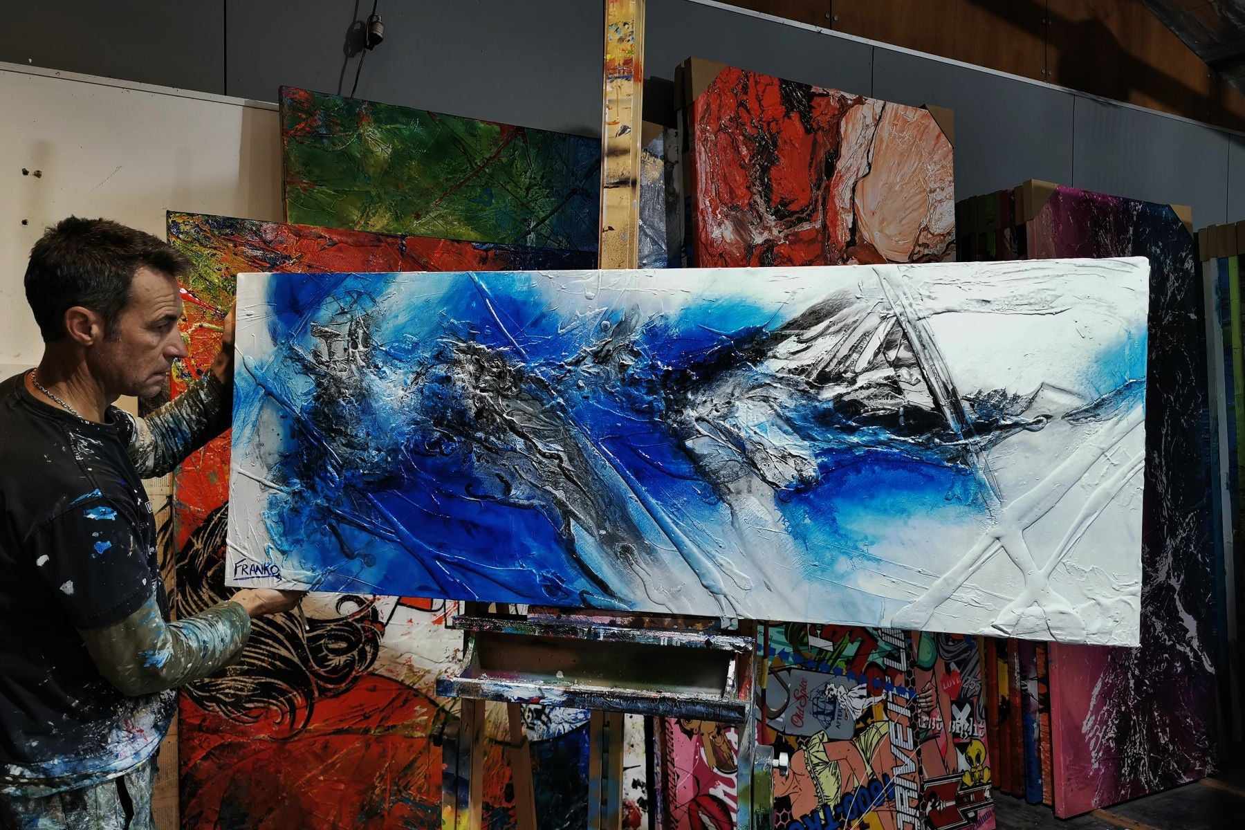 Jetted Atmosphere 160cm x 60cm Blue White Textured Abstract Painting-Abstract-Franko-[franko_artist]-[Art]-[interior_design]-Franklin Art Studio