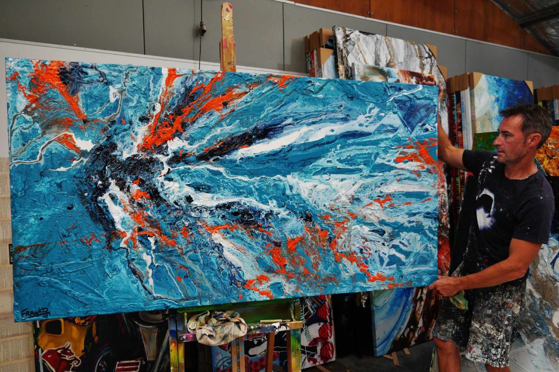 Jungle Rush 190cm x 100cm Blue Orange Textured Abstract Painting (SOLD)-Abstract-[Franko Artist]-[Gold Coast]-[Brisbane]-[Huge]-Franklin Art Studio