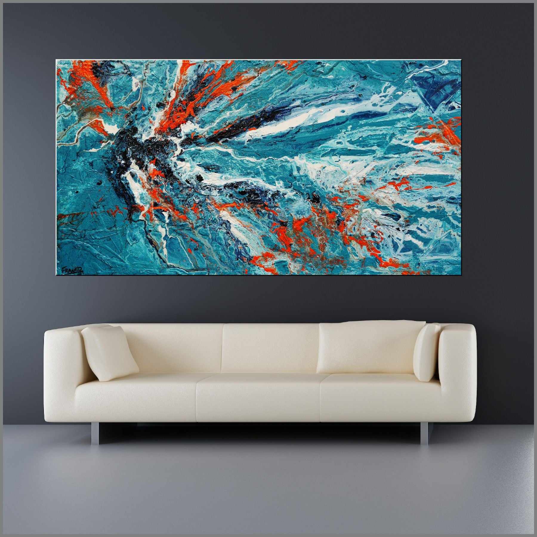 Jungle Rush 190cm x 100cm Blue Orange Textured Abstract Painting (SOLD)-Abstract-Franko-[Franko]-[huge_art]-[Australia]-Franklin Art Studio