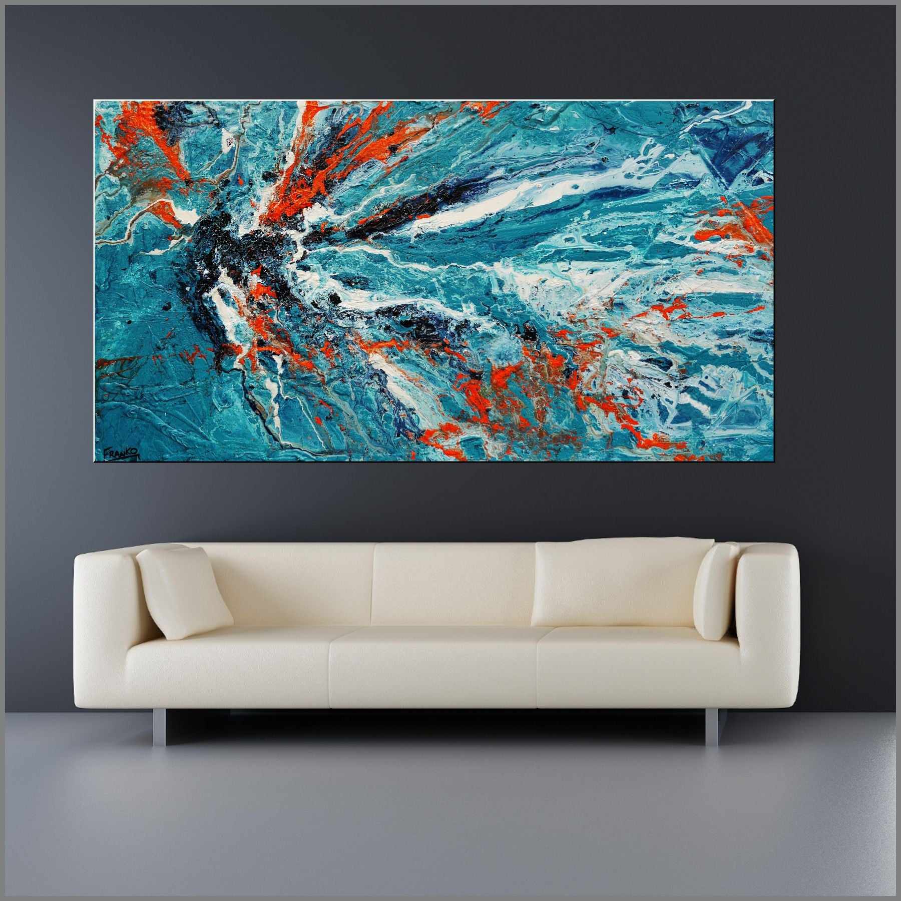 Jungle Rush 190cm x 100cm Blue Orange Textured Abstract Painting (SOLD)-Abstract-Franko-[huge]-[Australian]-[best Selling]-Franklin Art Studio